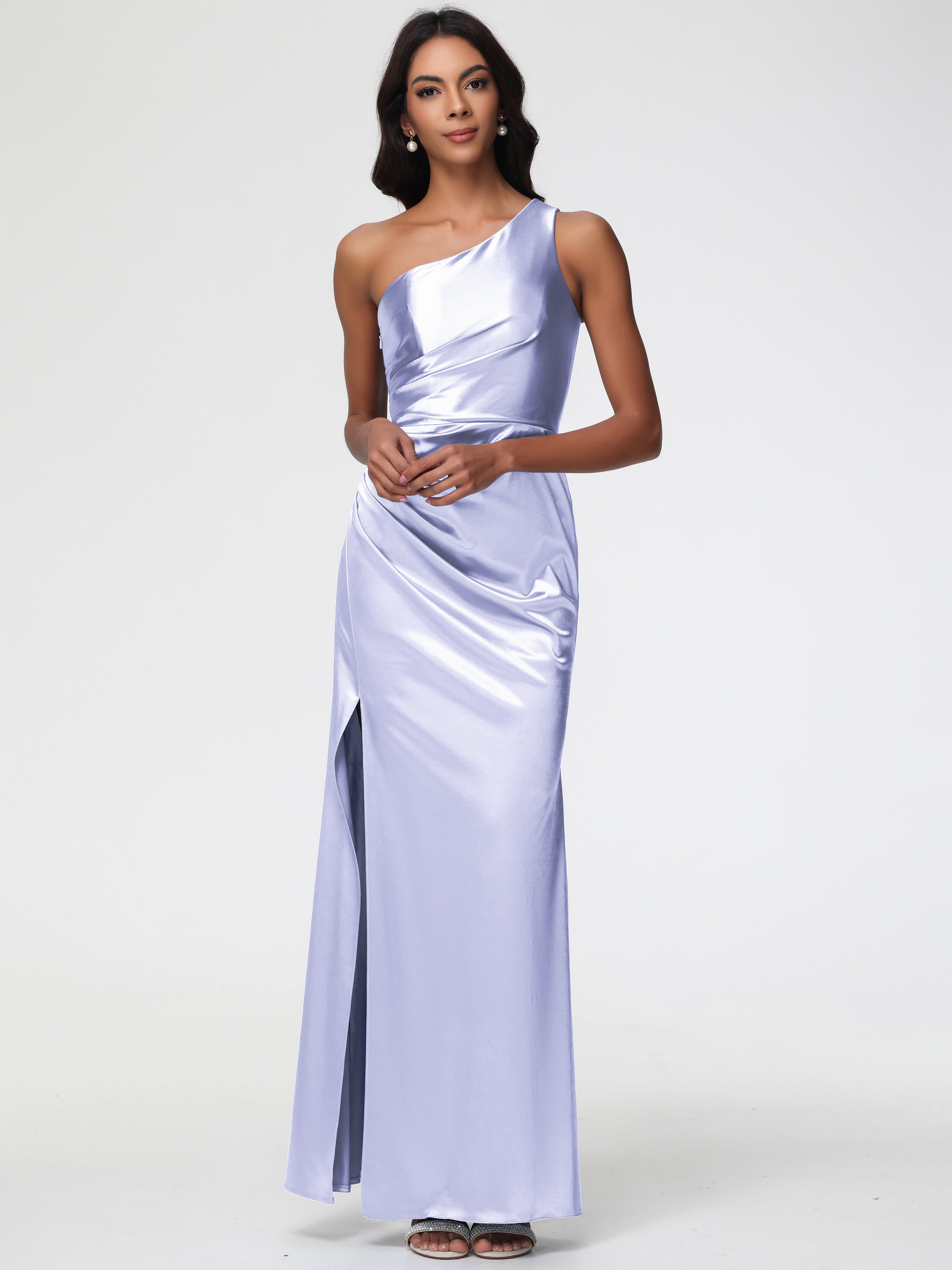 Robe Demoiselle D Honneur Lavande Seule-Épaule Satin Extensible Robe Fourreau Demoiselle D Honneur