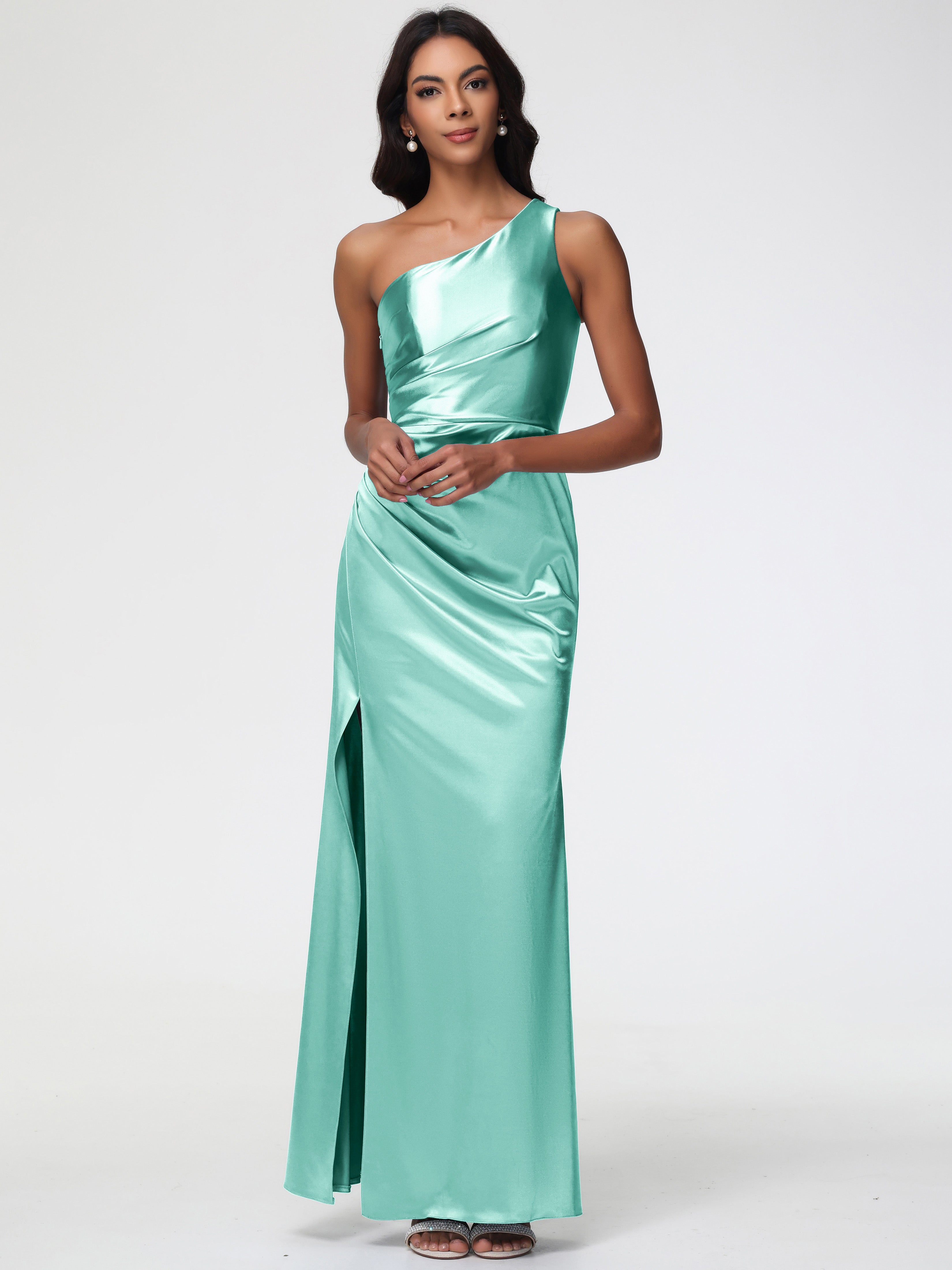 Robes De Demoiselle D'Honneur Vert Menthe Seule-Épaule Satin Extensible Robe Fourreau Demoiselle D Honneur