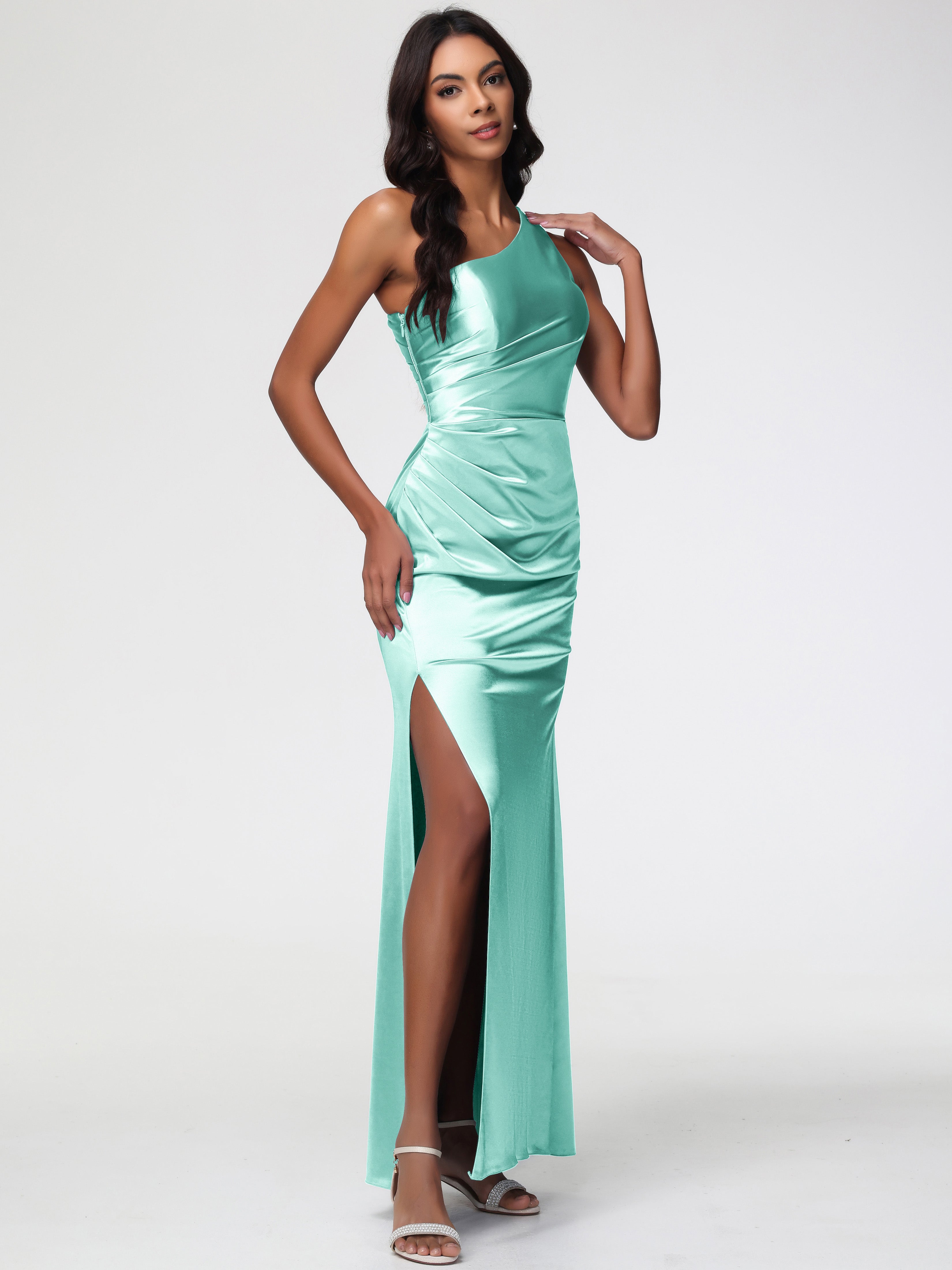 Robes De Demoiselle D'Honneur Vert Menthe Seule-Épaule Satin Extensible Robe Fourreau Demoiselle D Honneur