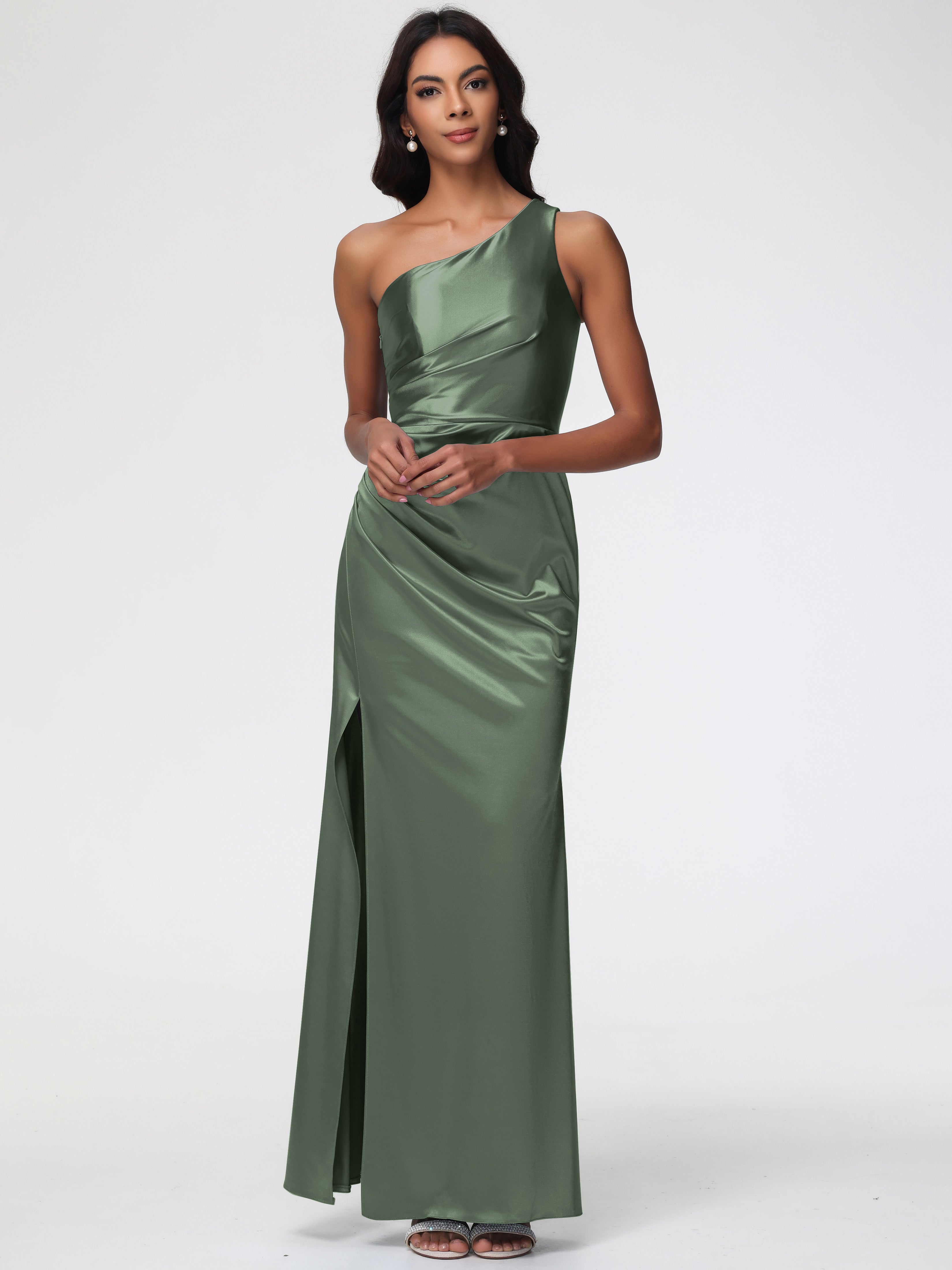 Robes De Demoiselle D'Honneur Olive Seule-Épaule Satin Extensible Robe Fourreau Demoiselle D Honneur