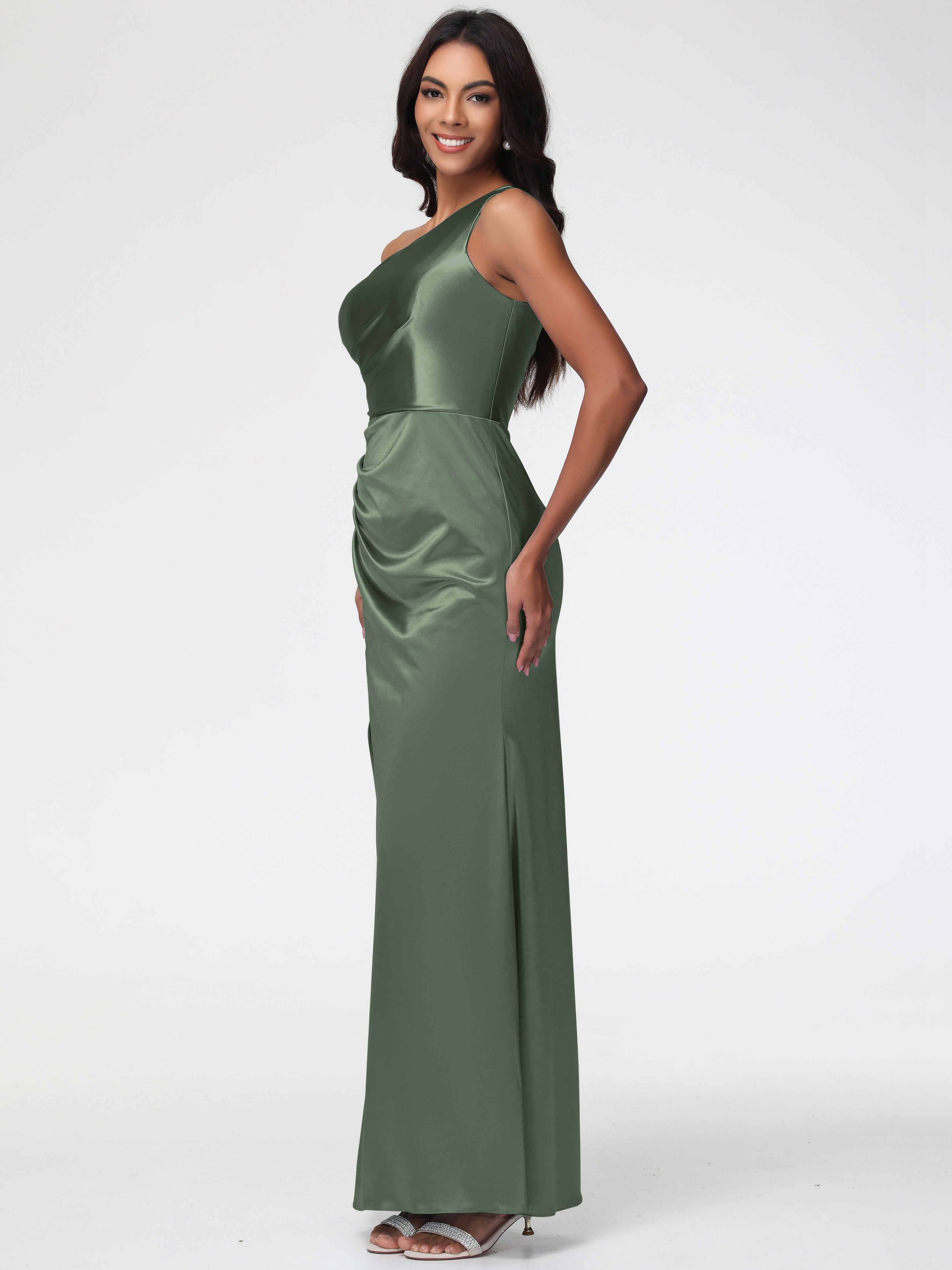 Robes De Demoiselle D'Honneur Olive Seule-Épaule Satin Extensible Robe Fourreau Demoiselle D Honneur