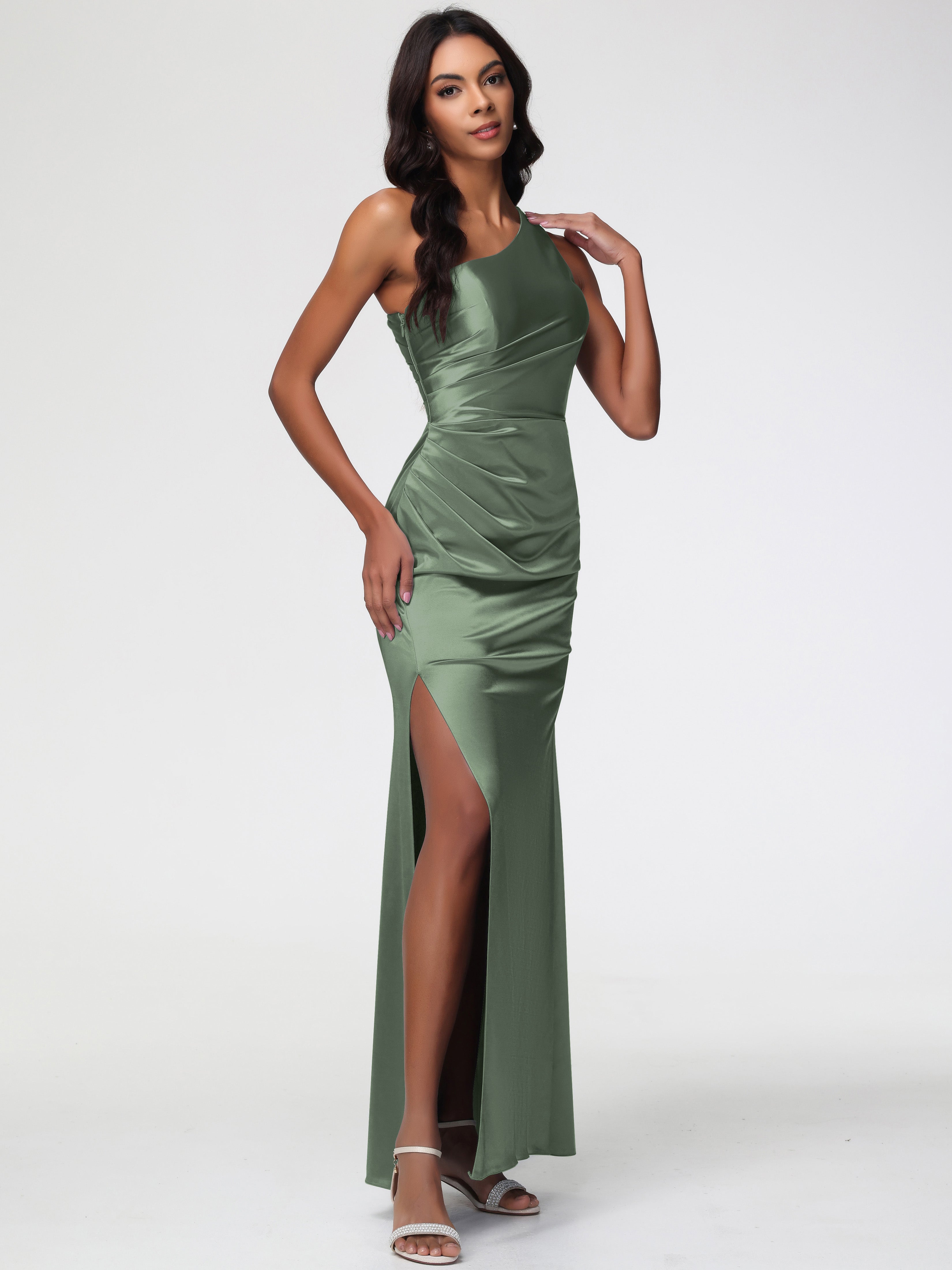 Robes De Demoiselle D'Honneur Olive Seule-Épaule Satin Extensible Robe Fourreau Demoiselle D Honneur