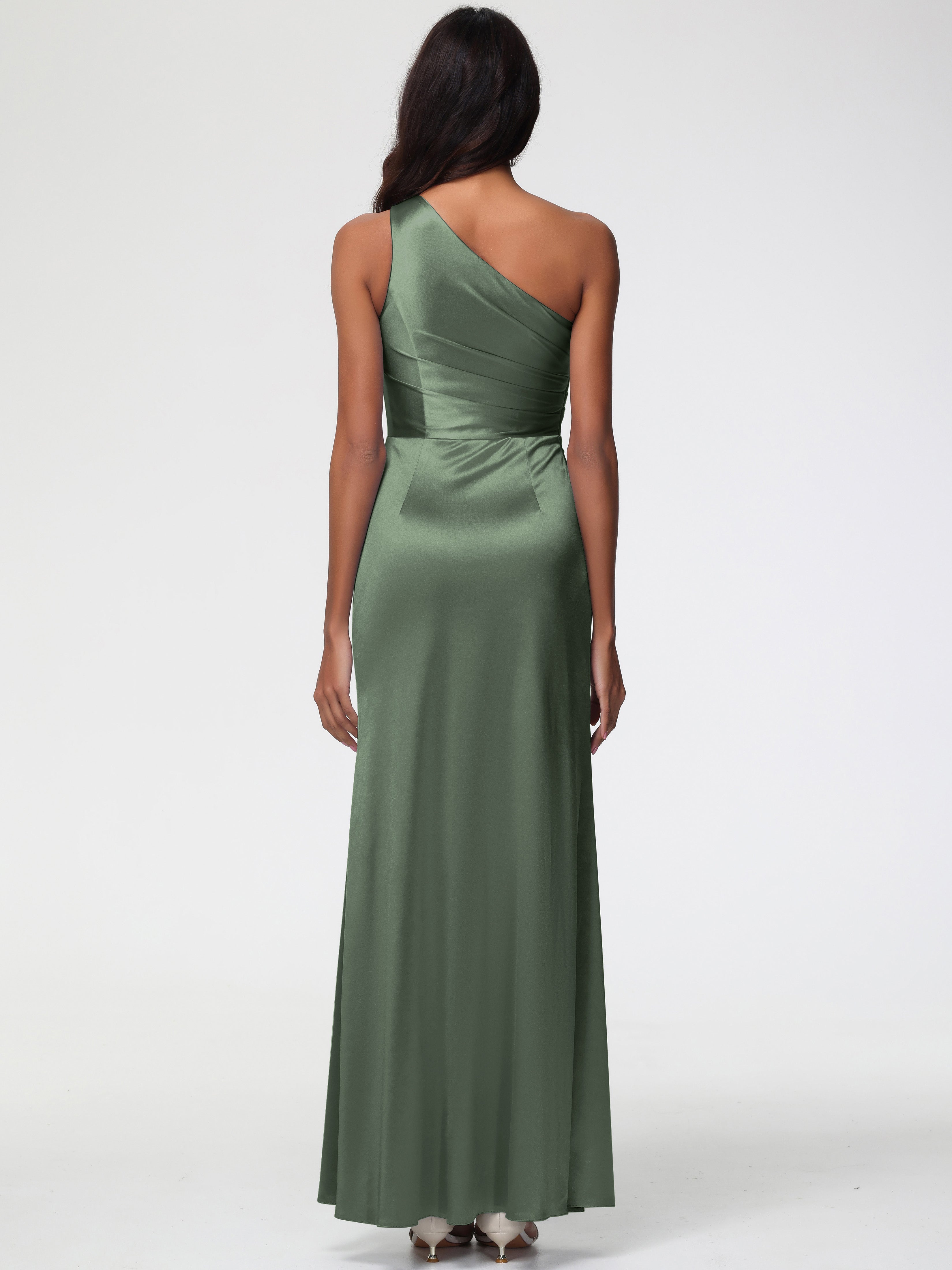 Robes De Demoiselle D'Honneur Olive Seule-Épaule Satin Extensible Robe Fourreau Demoiselle D Honneur