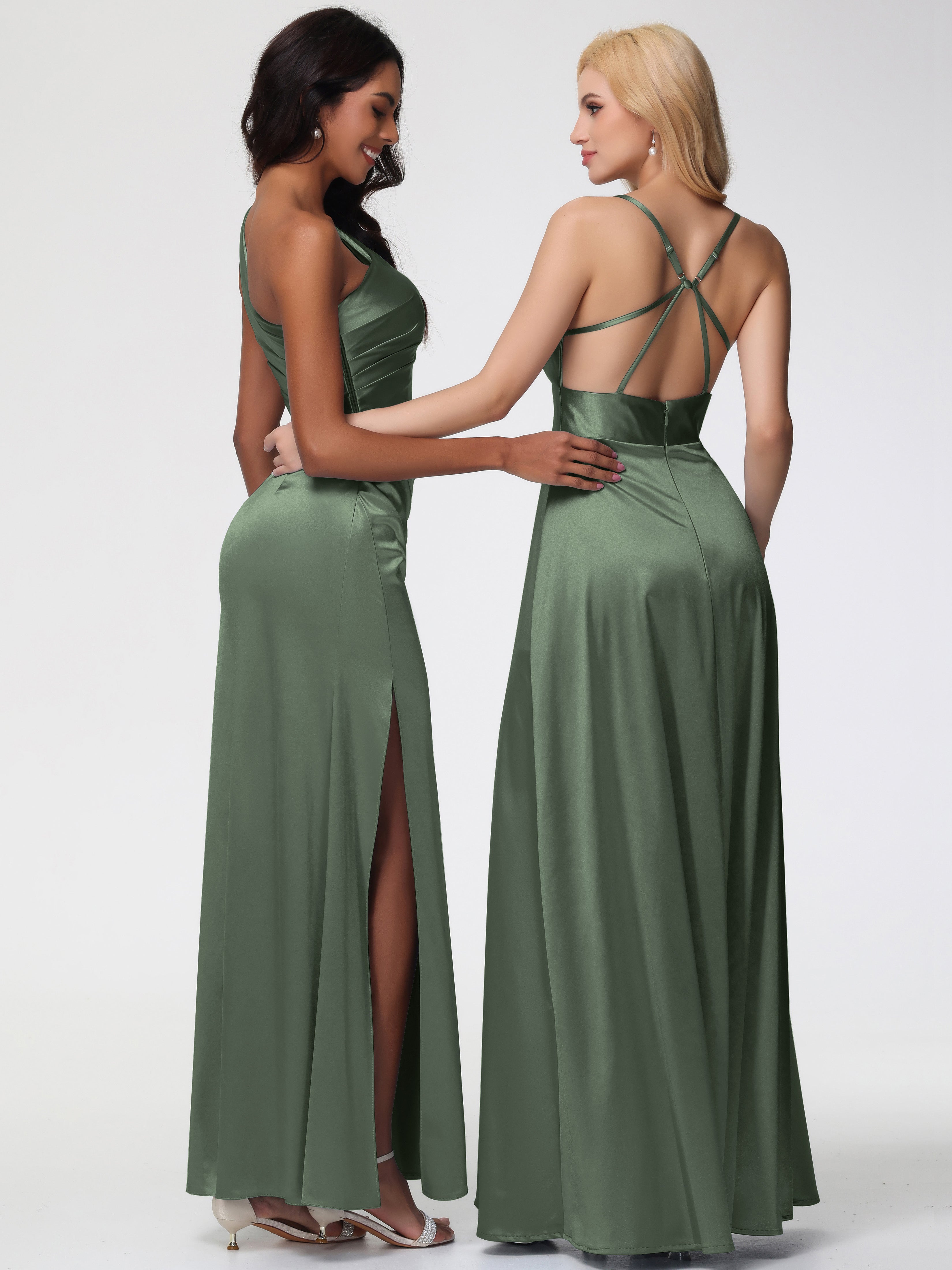 Robes De Demoiselle D'Honneur Olive Seule-Épaule Satin Extensible Robe Fourreau Demoiselle D Honneur