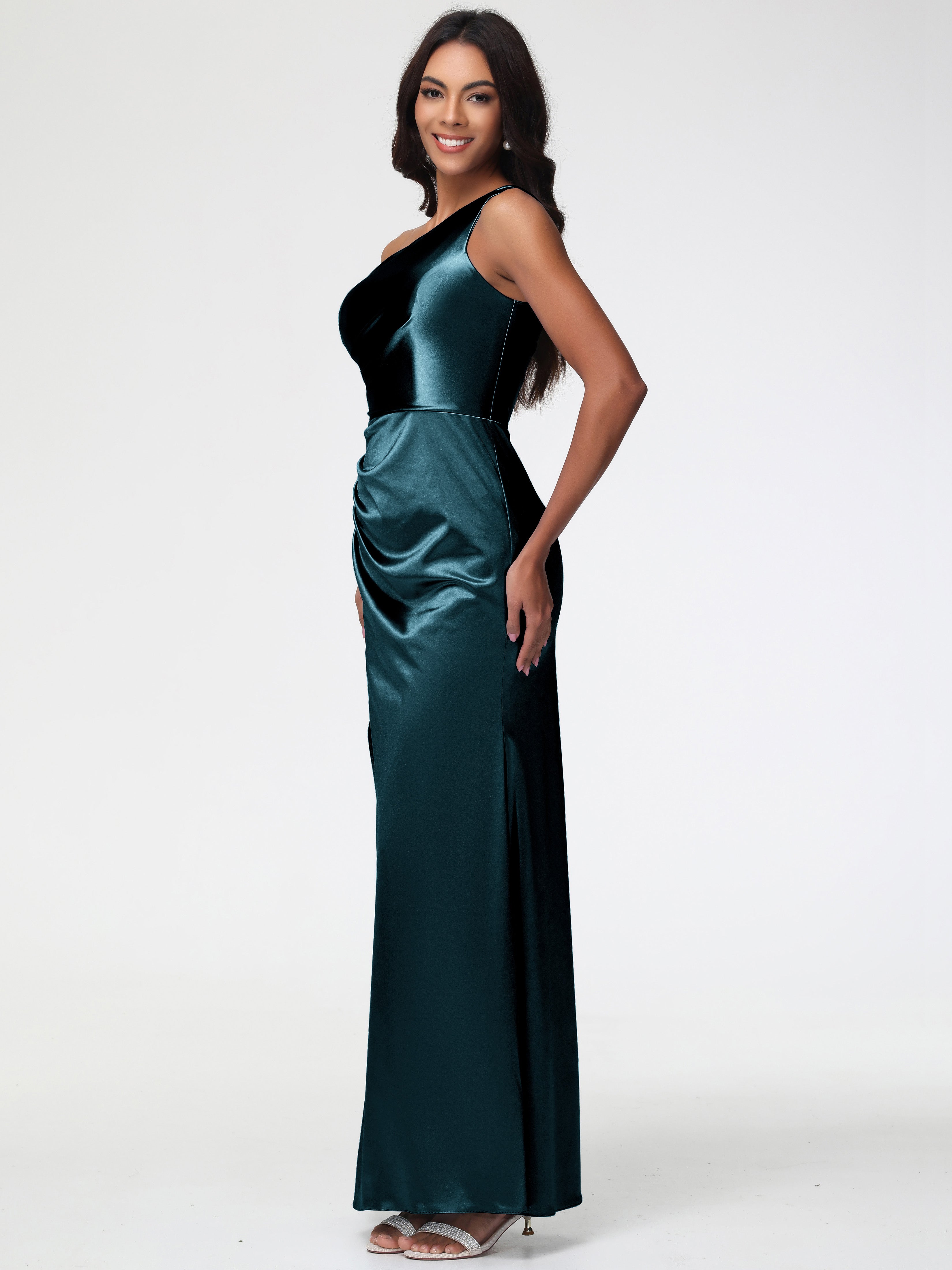 Demoiselle D'Honneur De Paon Seule-Épaule Satin Extensible Robe Fourreau Demoiselle D Honneur