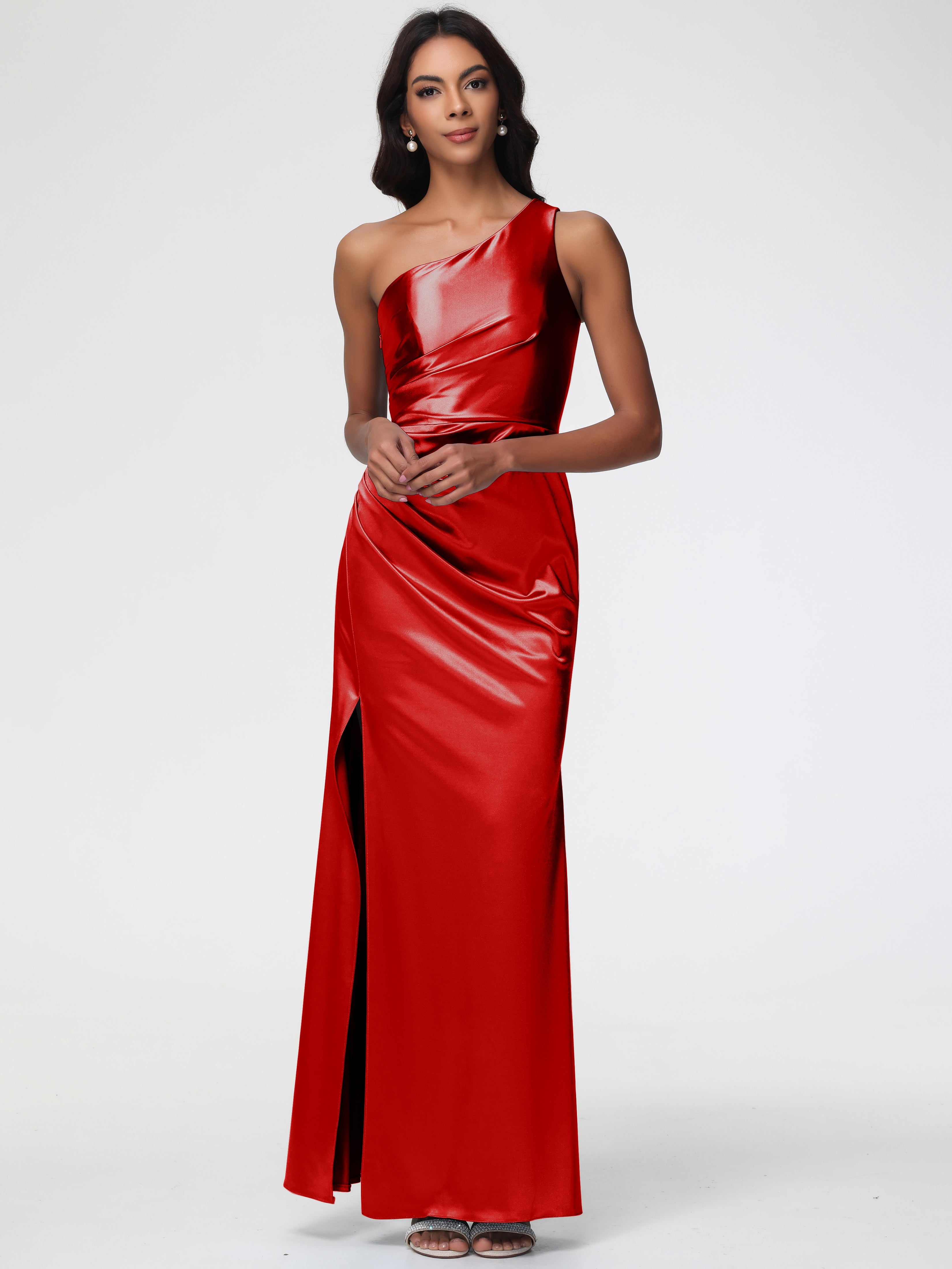 Robe Demoiselle Dhonneur Rouge Seule-Épaule Satin Extensible Robe Fourreau Demoiselle D Honneur