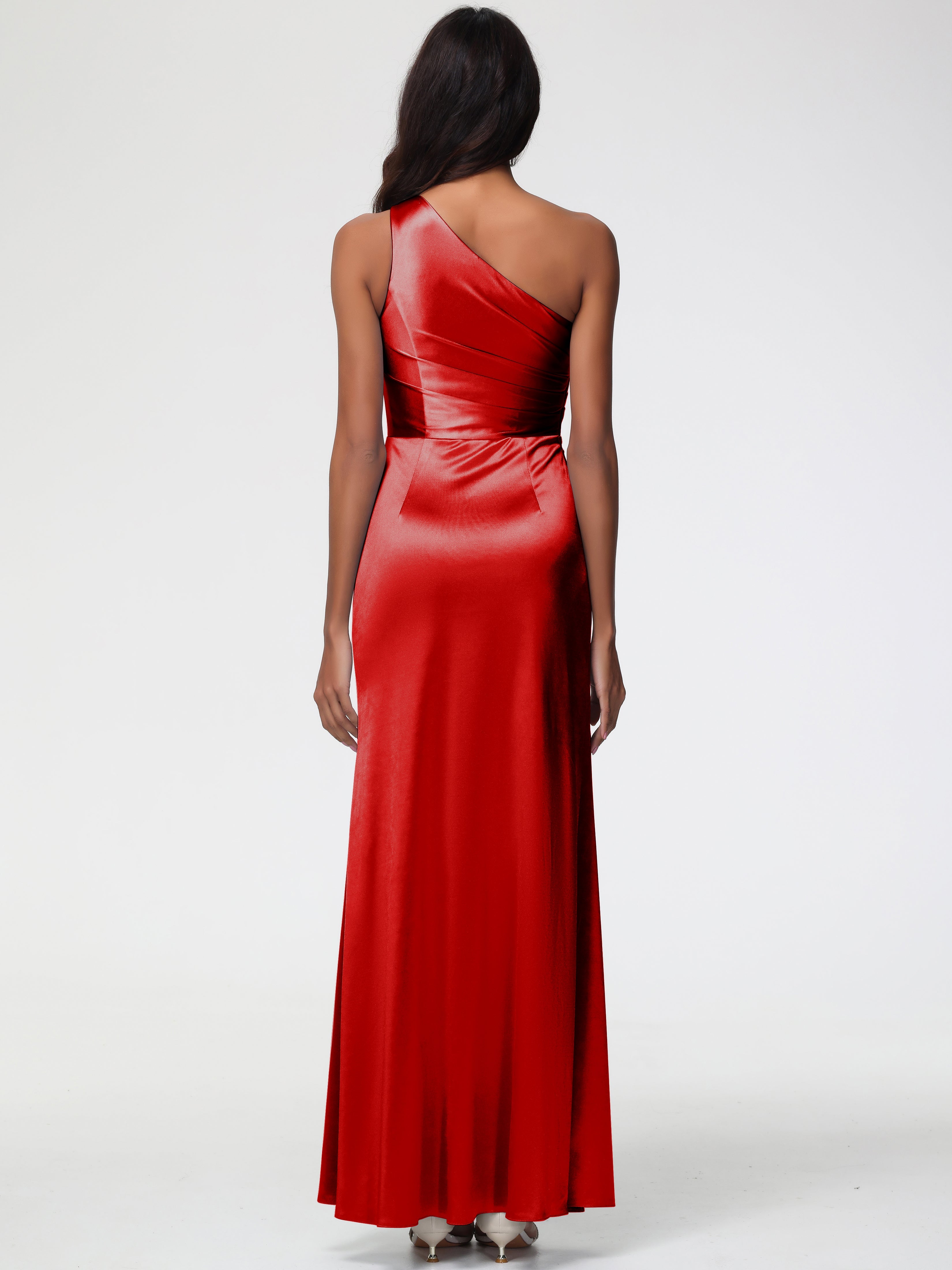 Robe Demoiselle Dhonneur Rouge Seule-Épaule Satin Extensible Robe Fourreau Demoiselle D Honneur