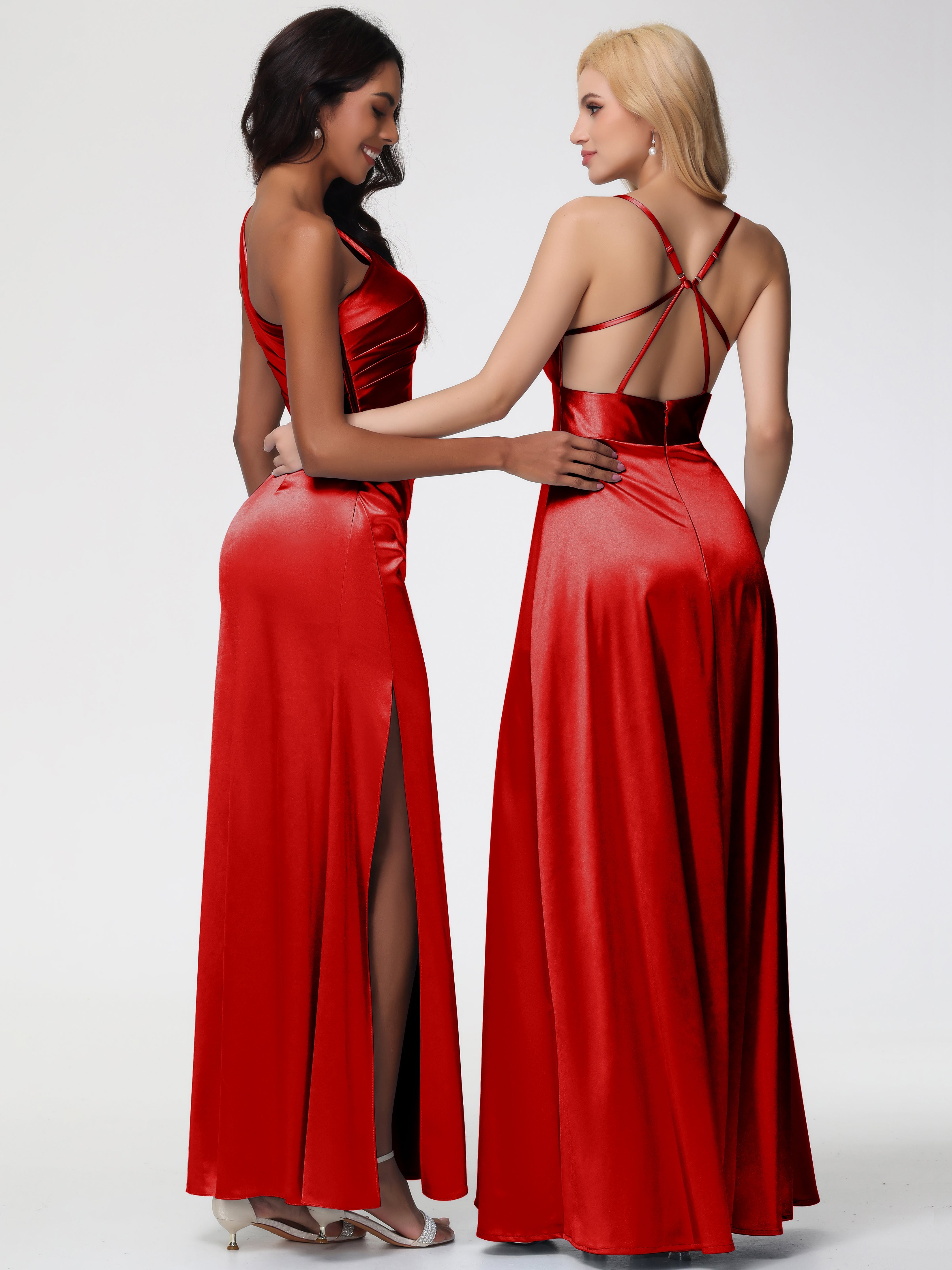 Robe Demoiselle Dhonneur Rouge Seule-Épaule Satin Extensible Robe Fourreau Demoiselle D Honneur