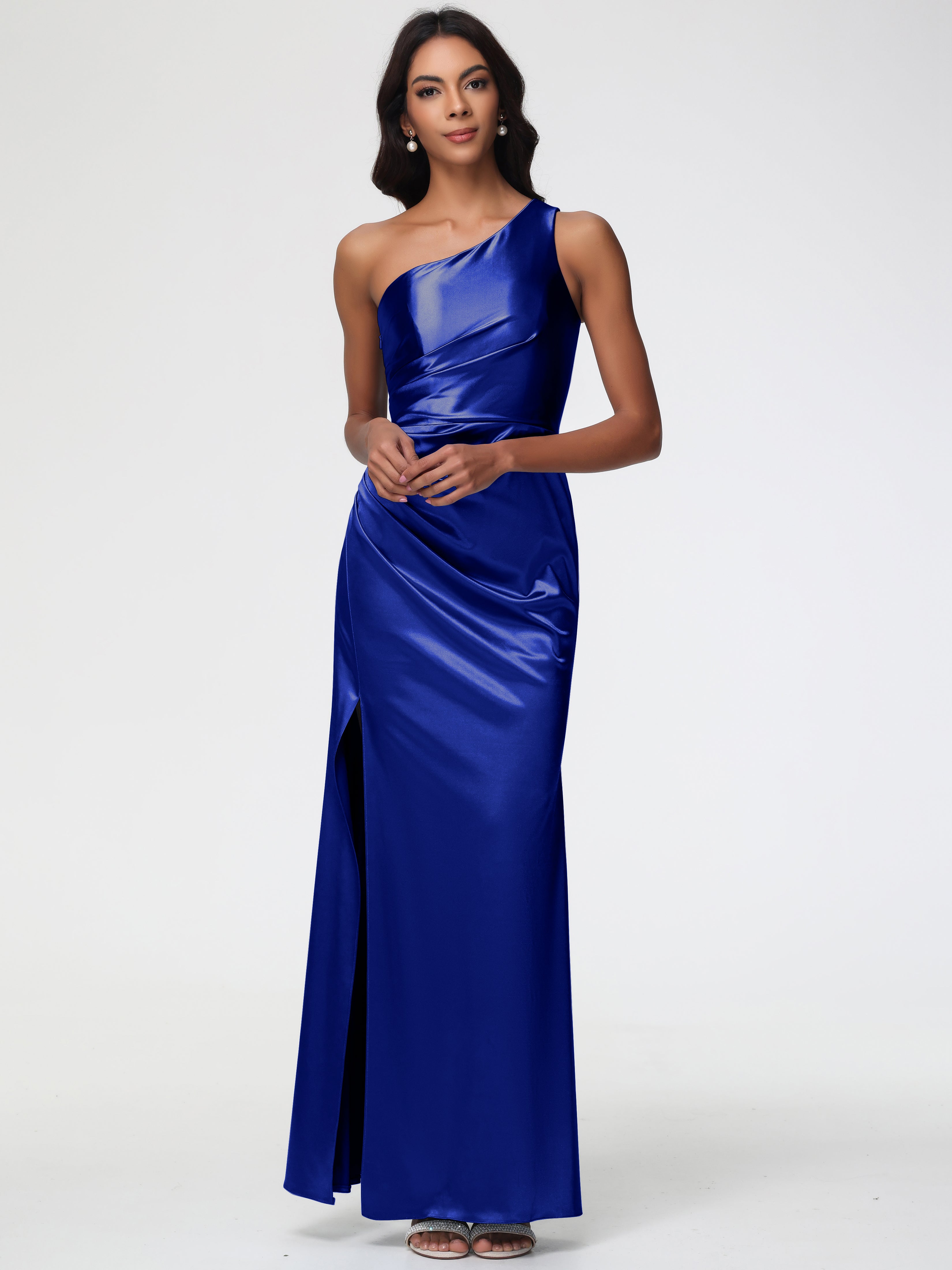 Robes De Demoiselle D'Honneur Bleu Royal Longues Seule-Épaule Satin Extensible Robe Fourreau Demoiselle D Honneur