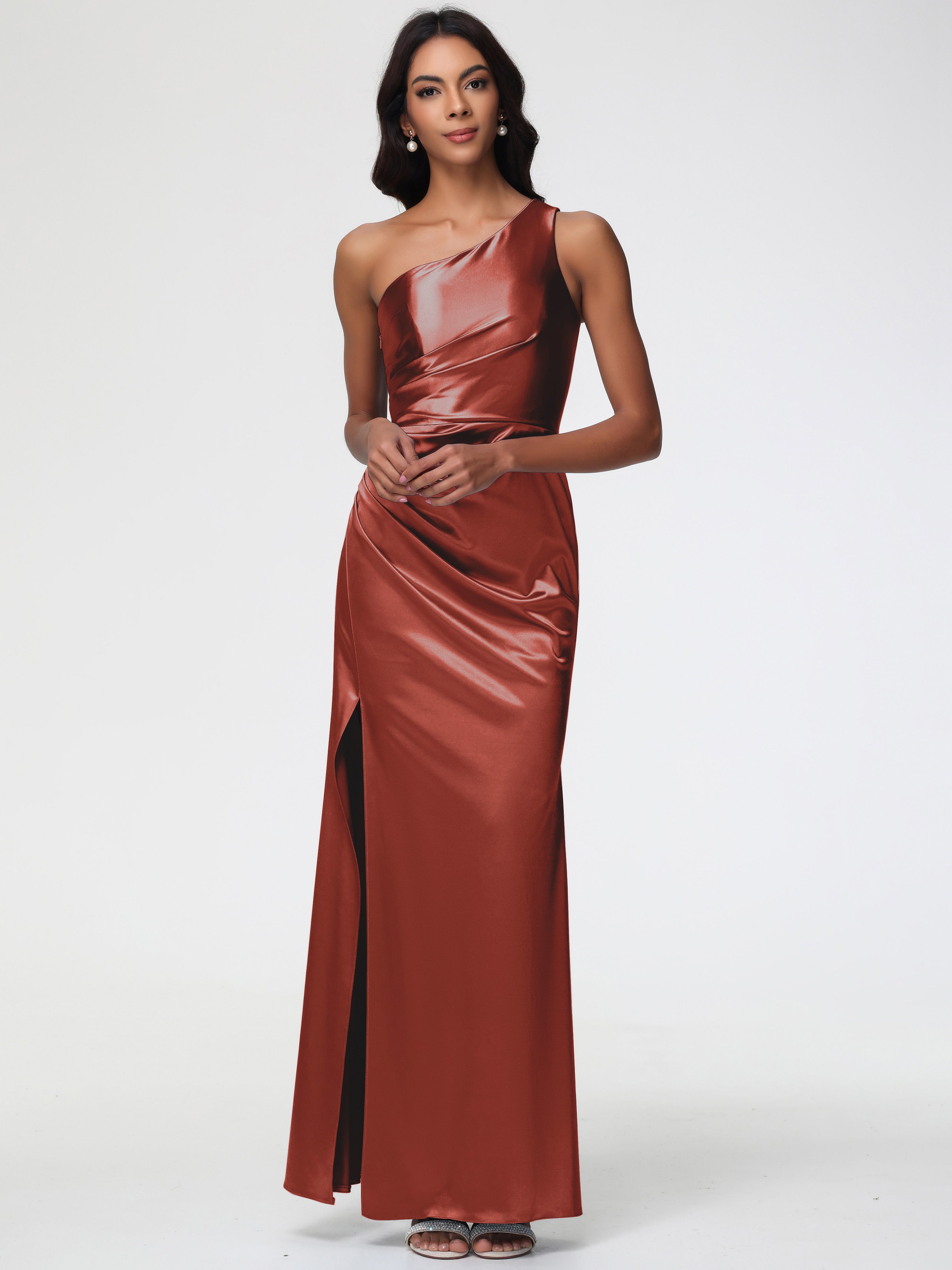 Demoiselle D'Honneur De Rouille Seule-Épaule Satin Extensible Robe Fourreau Demoiselle D Honneur