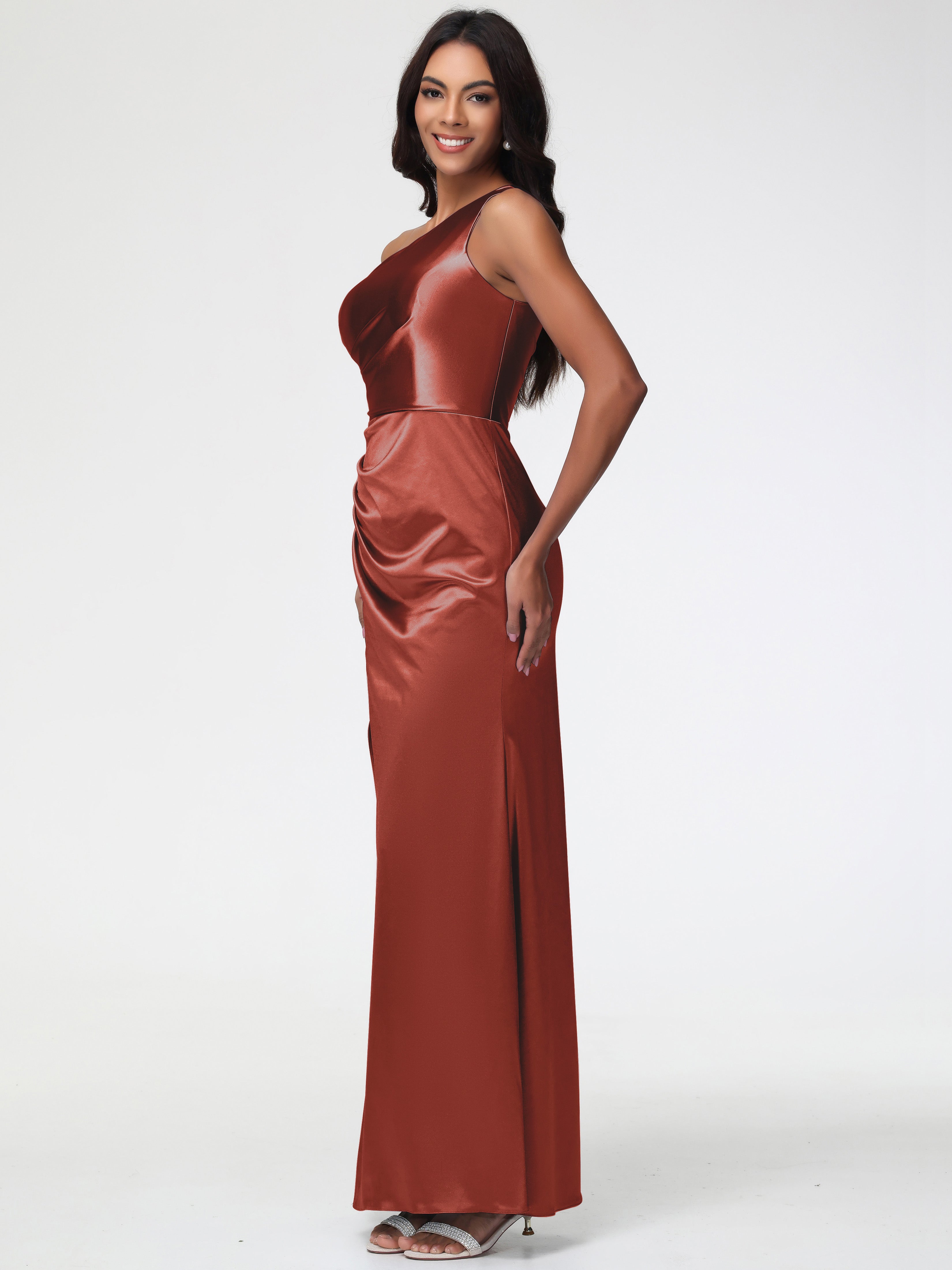 Demoiselle D'Honneur De Rouille Seule-Épaule Satin Extensible Robe Fourreau Demoiselle D Honneur