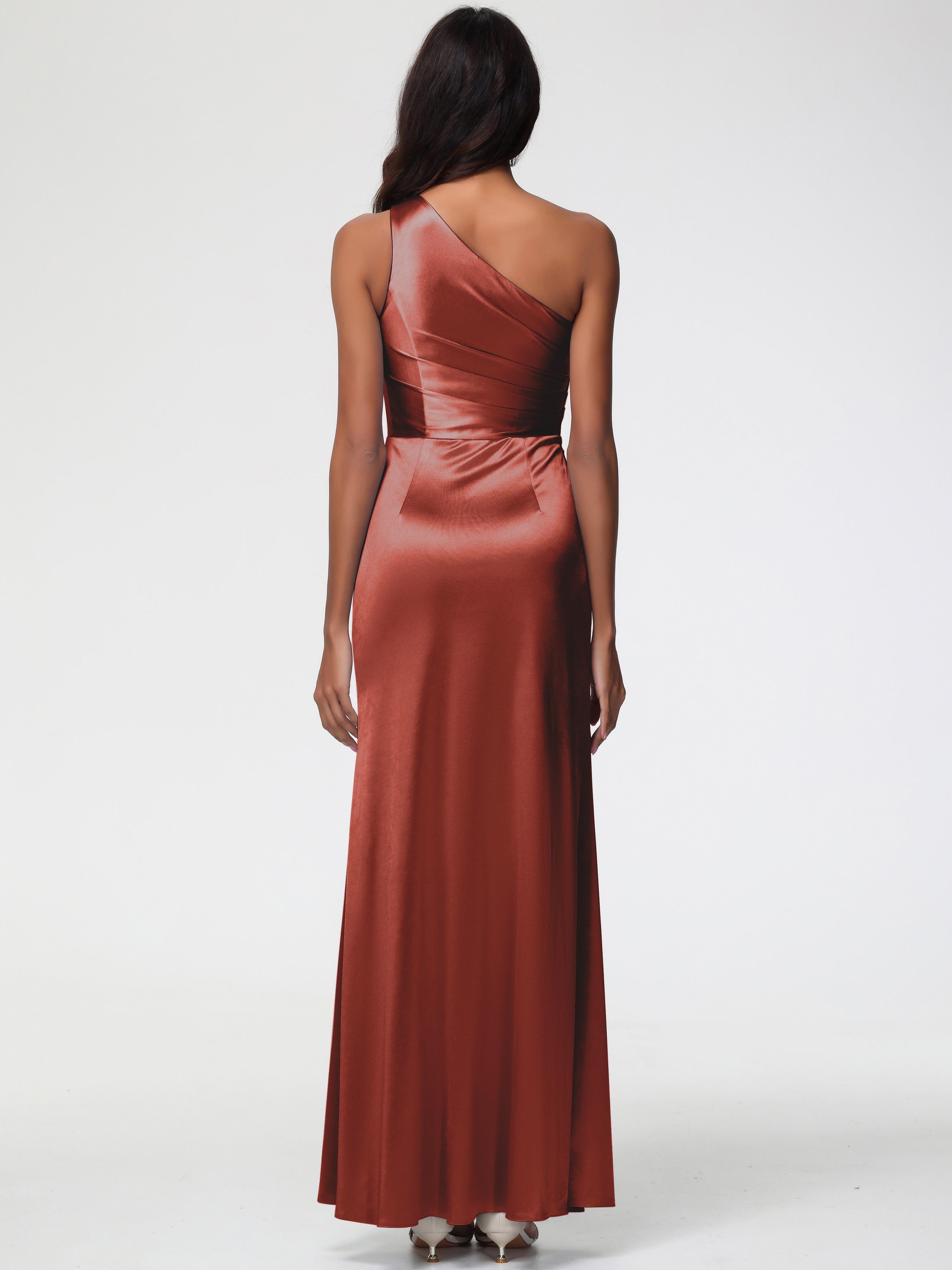 Demoiselle D'Honneur De Rouille Seule-Épaule Satin Extensible Robe Fourreau Demoiselle D Honneur