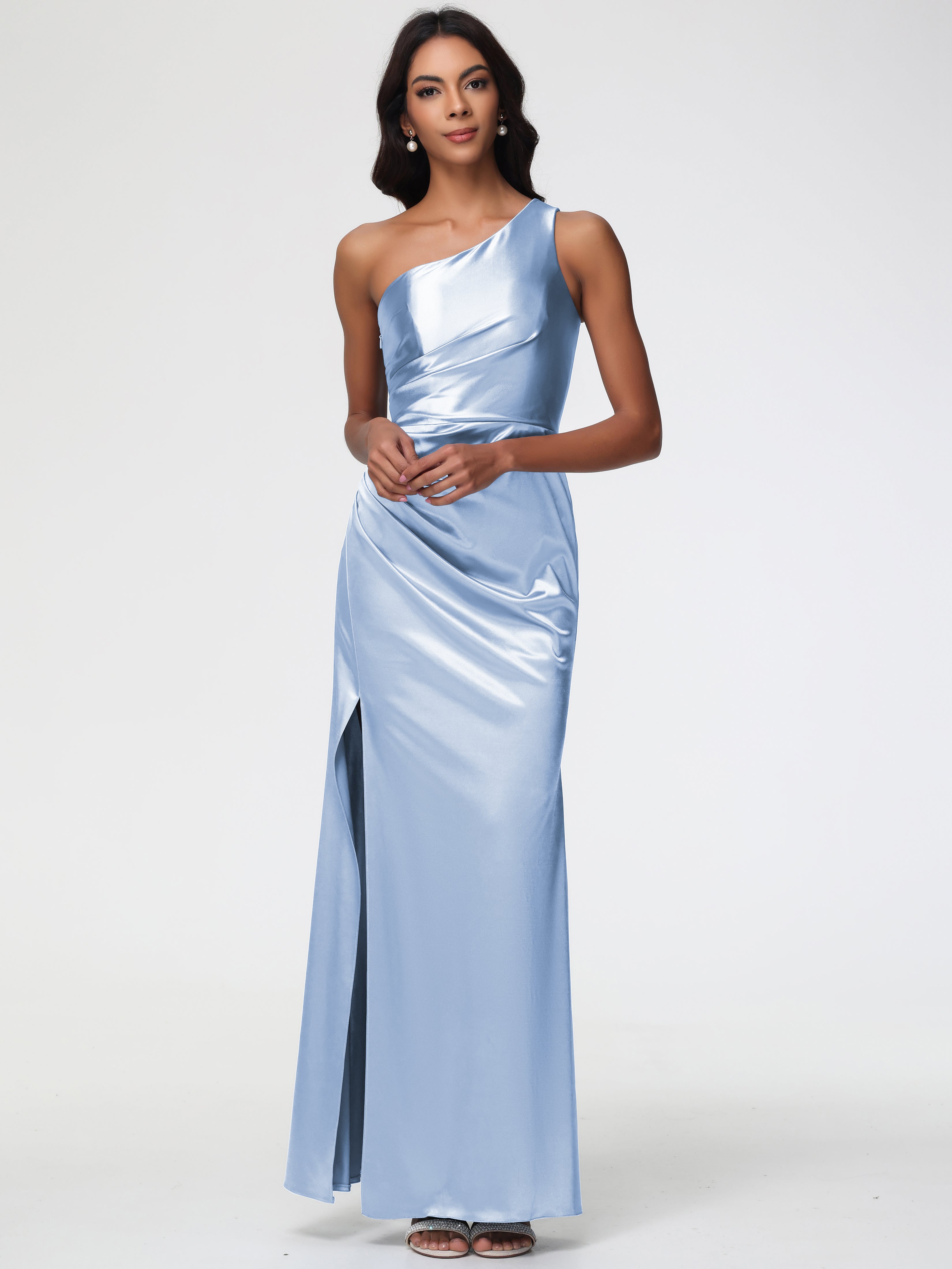 Robe Longue Bleu Ciel Demoiselle D Honneur Seule-Épaule Satin Extensible Robe Fourreau Demoiselle D Honneur