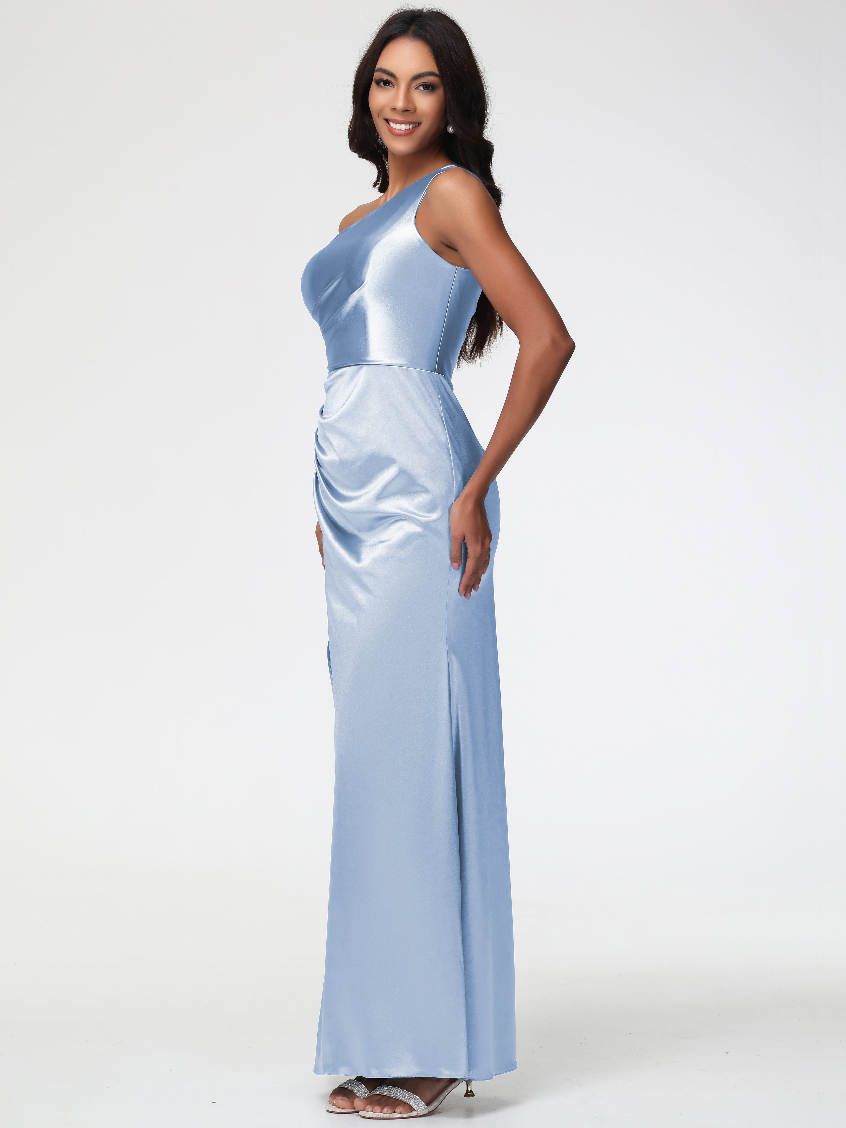 Robe Longue Bleu Ciel Demoiselle D Honneur Seule-Épaule Satin Extensible Robe Fourreau Demoiselle D Honneur