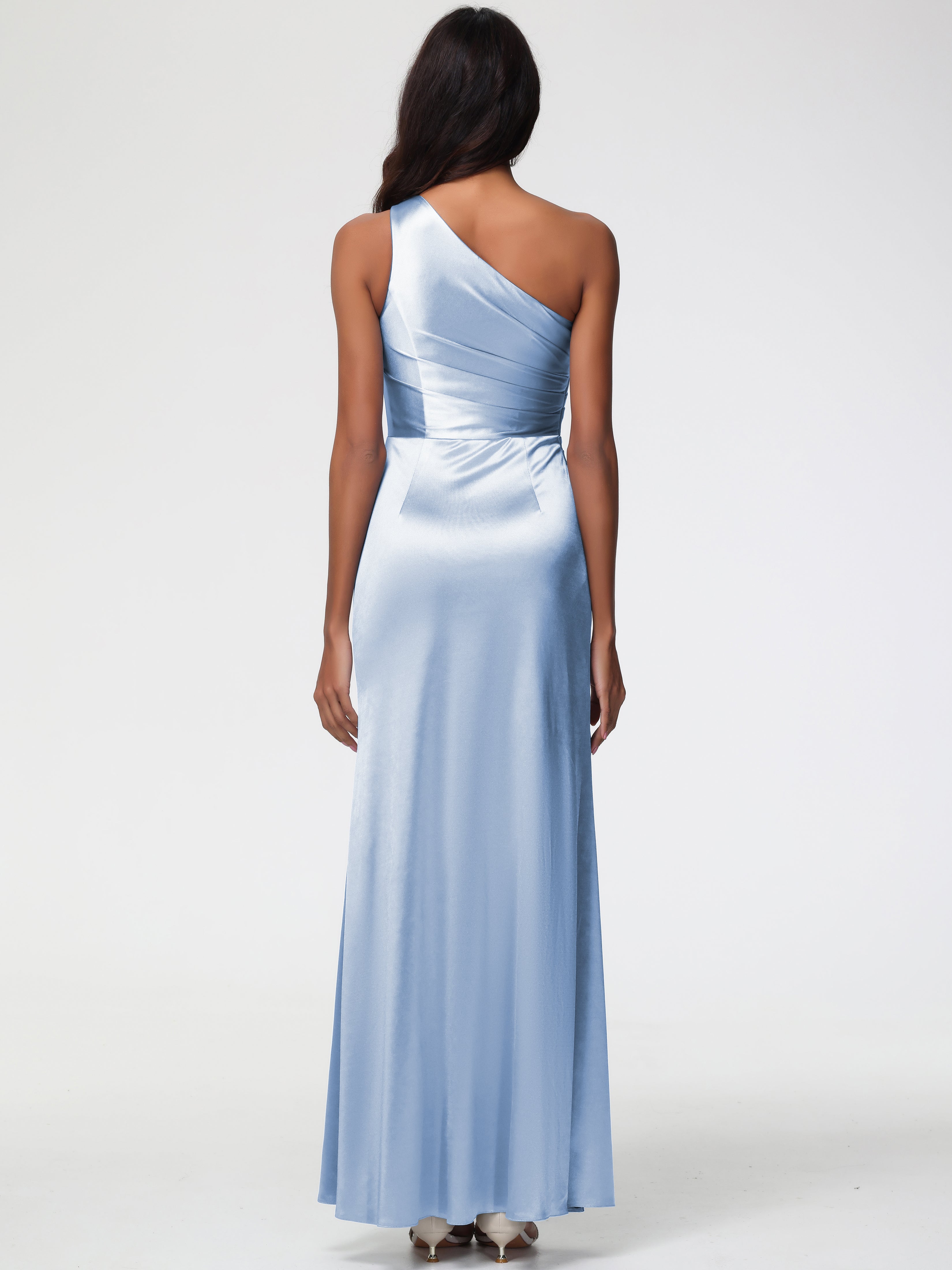 Robe Longue Bleu Ciel Demoiselle D Honneur Seule-Épaule Satin Extensible Robe Fourreau Demoiselle D Honneur