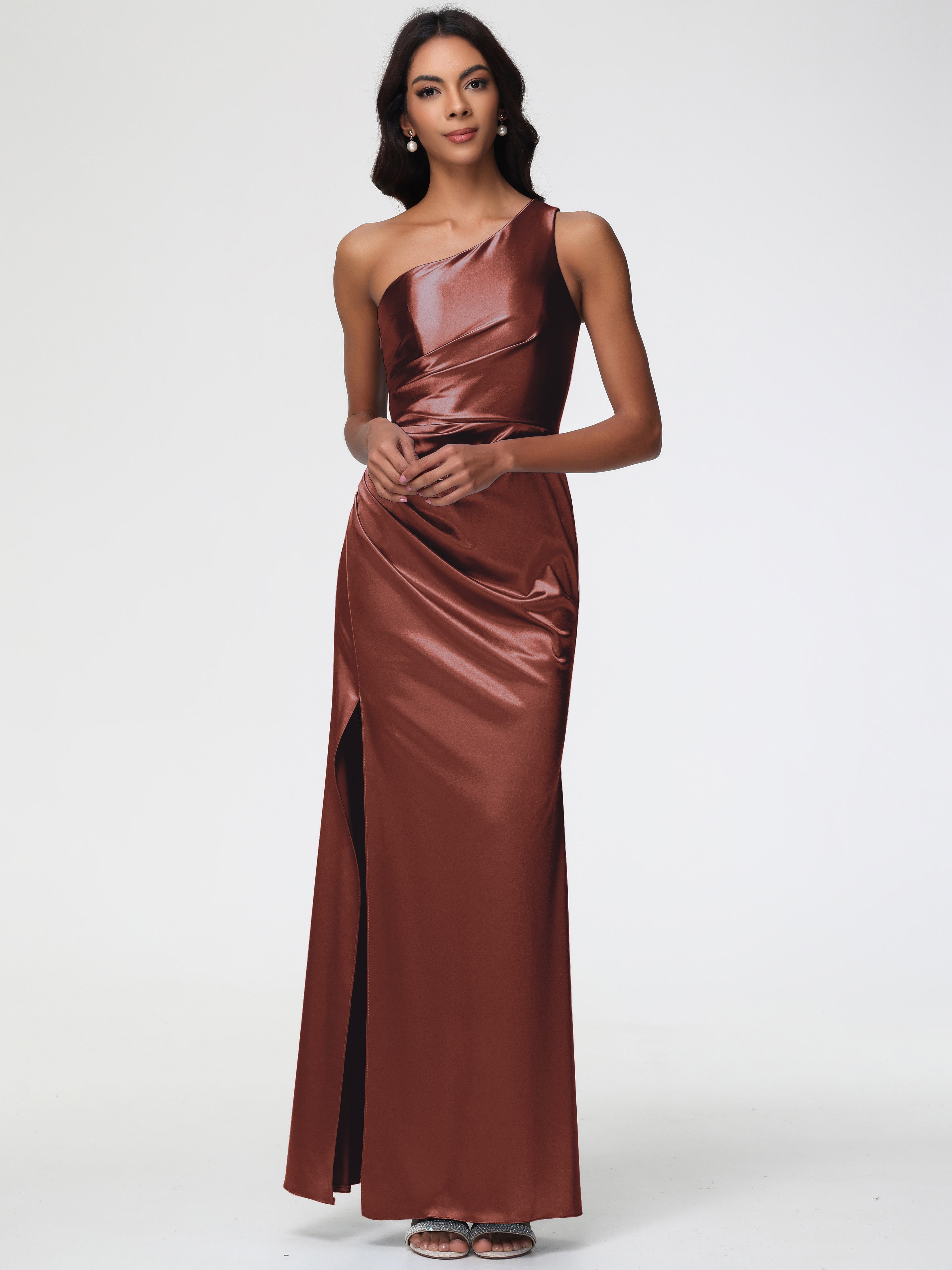 Robe De Demoiselle D Honneur Terracotta Seule-Épaule Satin Extensible Robe Fourreau Demoiselle D Honneur