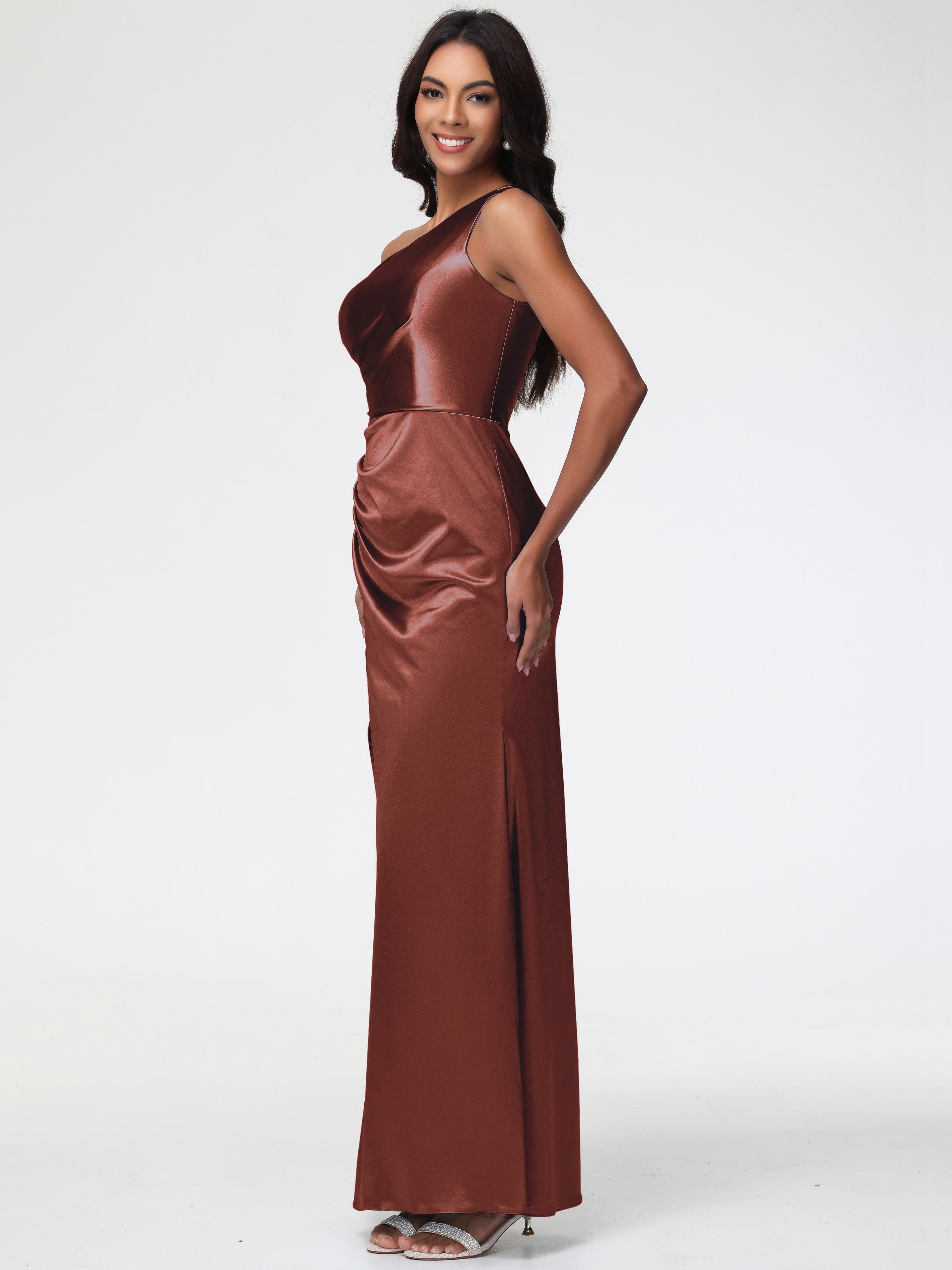 Robe De Demoiselle D Honneur Terracotta Seule-Épaule Satin Extensible Robe Fourreau Demoiselle D Honneur