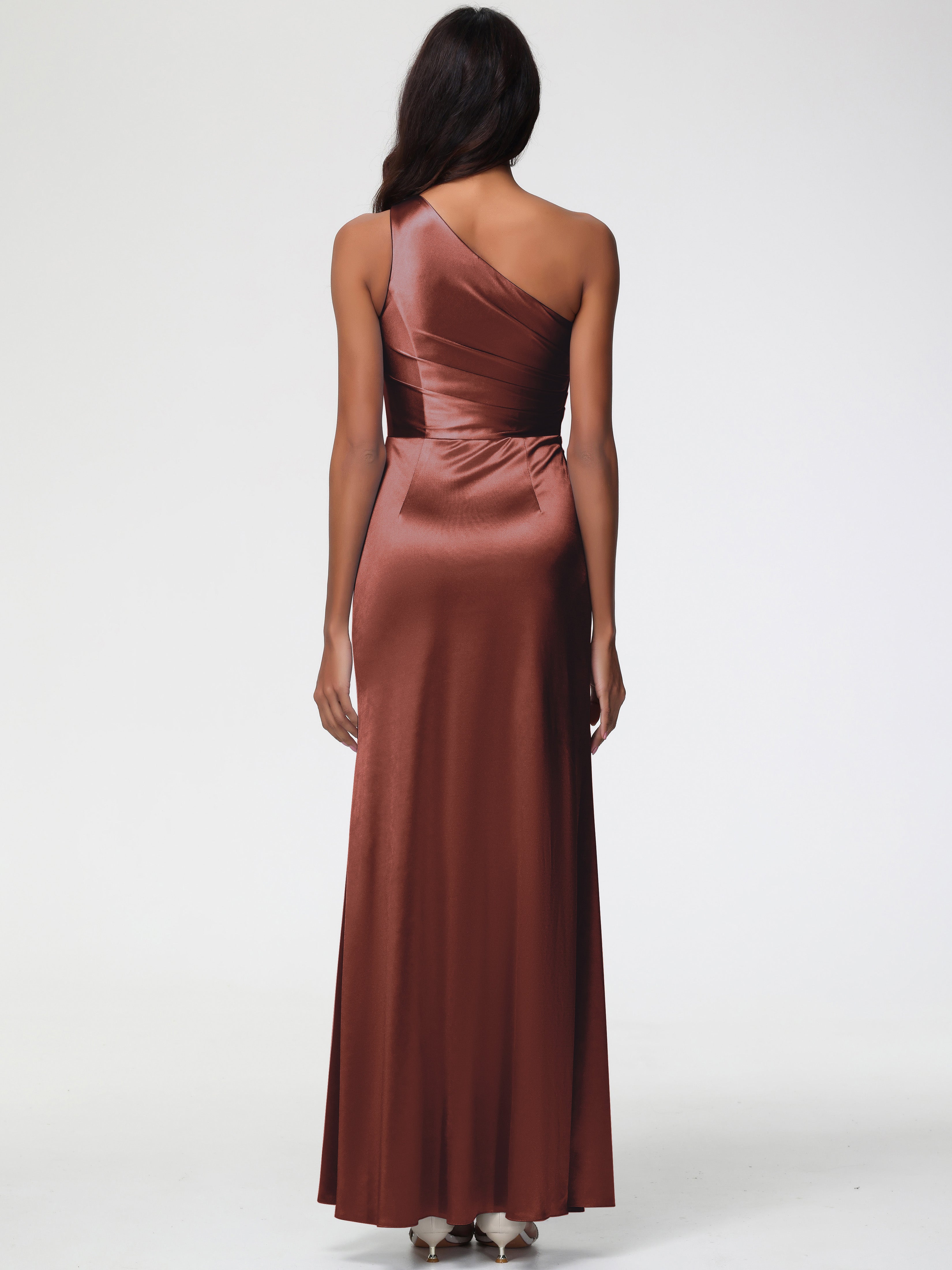 Robe De Demoiselle D Honneur Terracotta Seule-Épaule Satin Extensible Robe Fourreau Demoiselle D Honneur