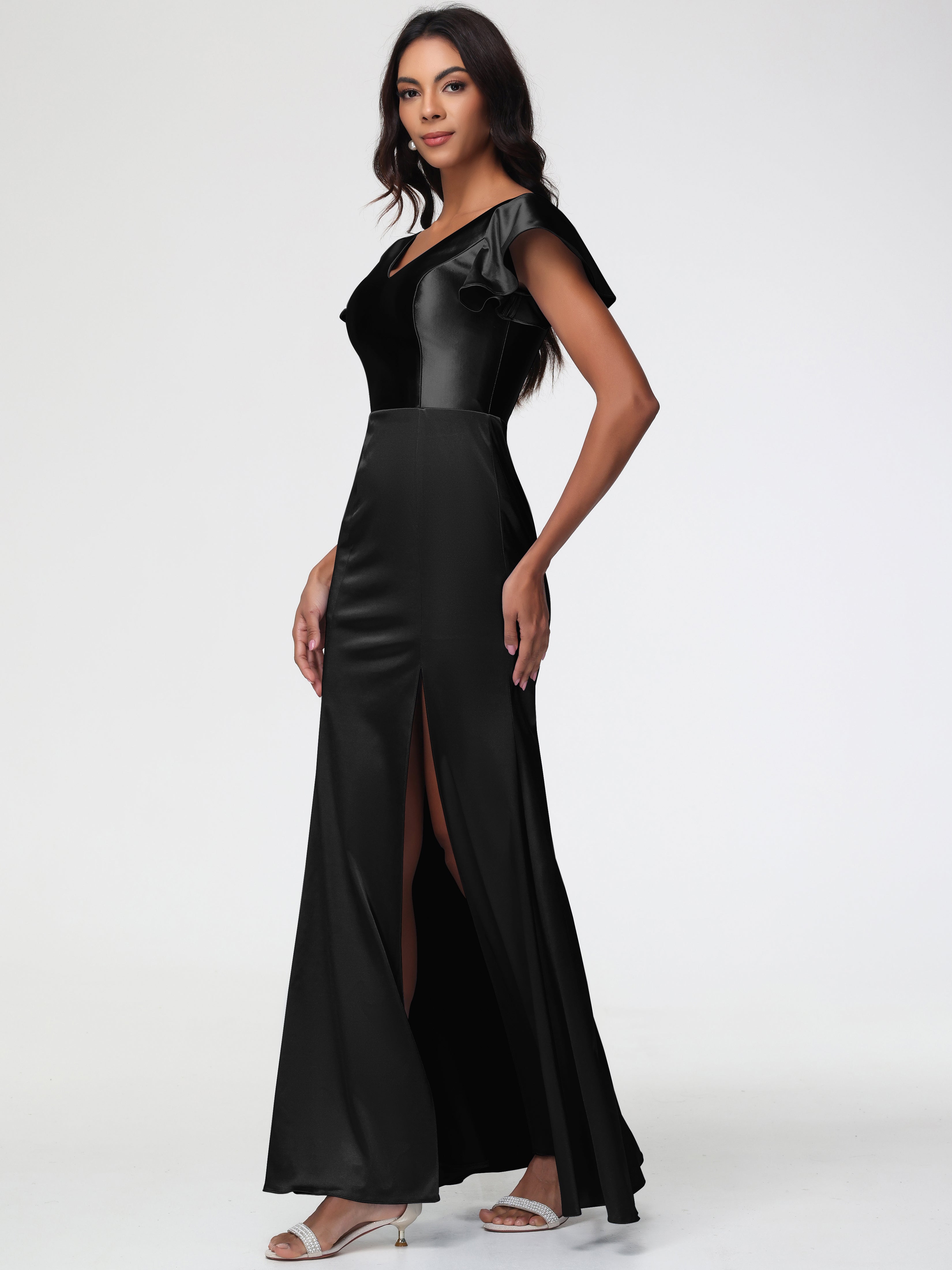 Robe De Demoiselle D Honneur Noir Col V Mancherons Satin Extensible Robe Fourreau Demoiselle D Honneur