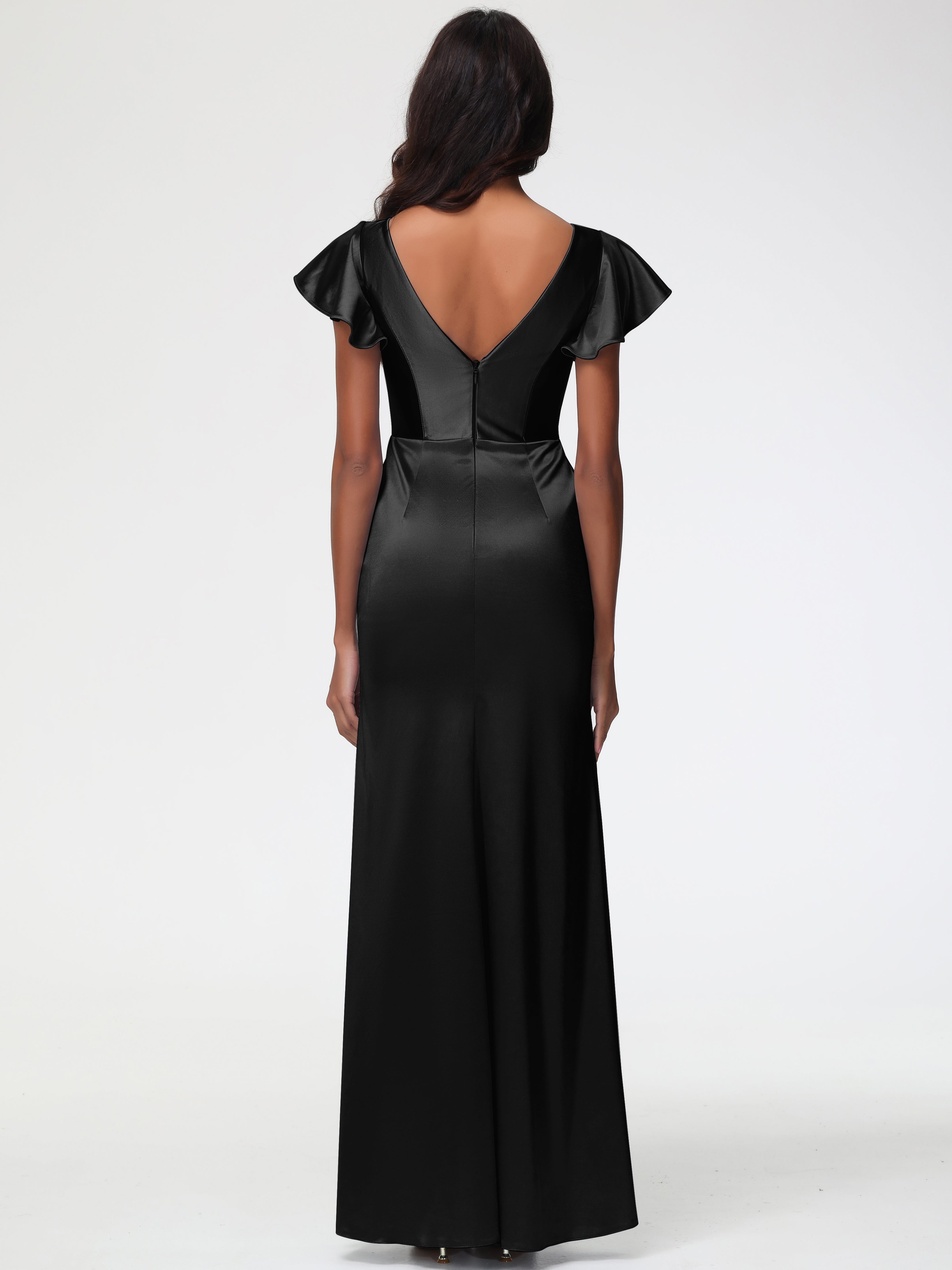 Robe De Demoiselle D Honneur Noir Col V Mancherons Satin Extensible Robe Fourreau Demoiselle D Honneur