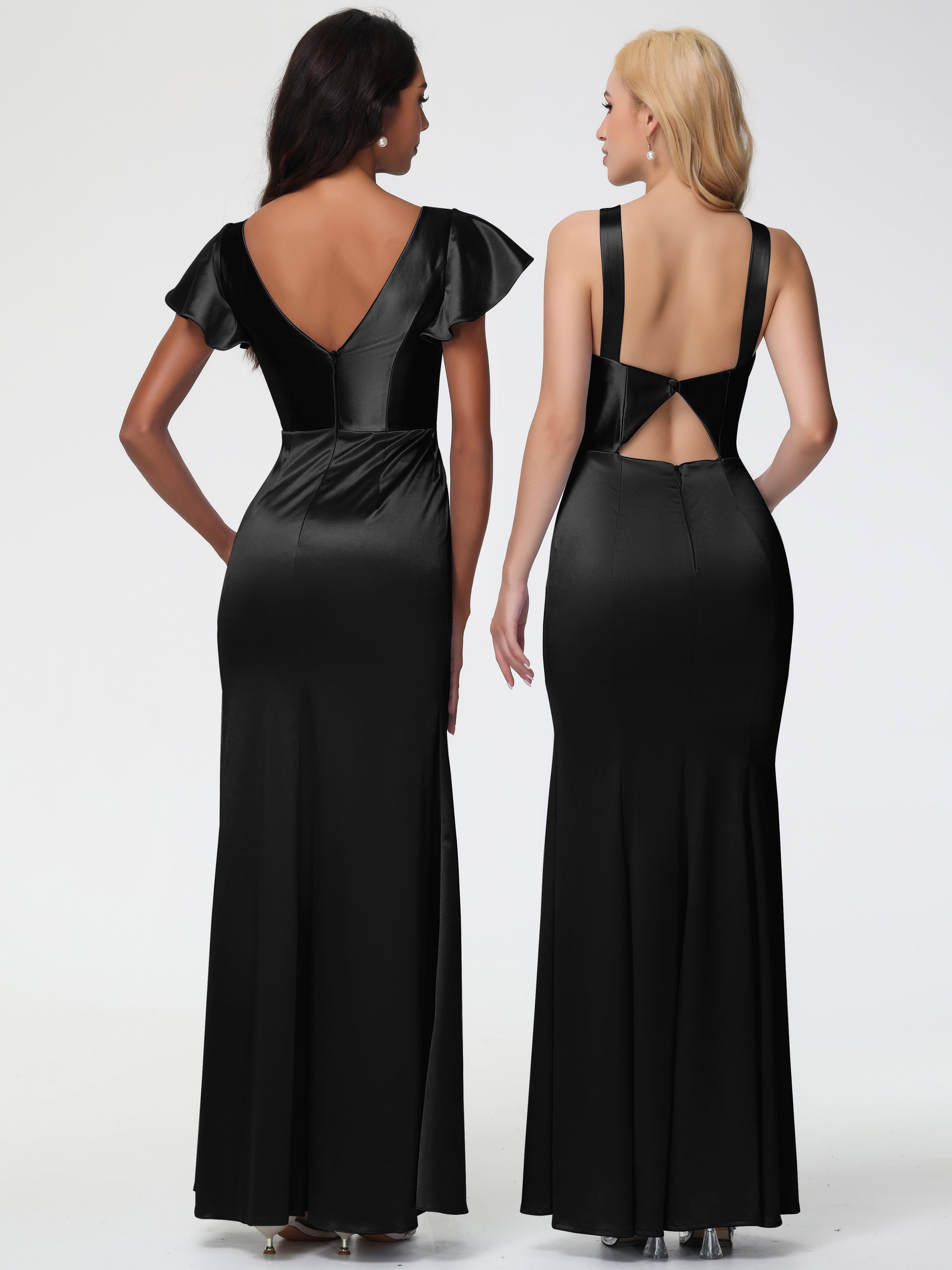 Robe De Demoiselle D Honneur Noir Col V Mancherons Satin Extensible Robe Fourreau Demoiselle D Honneur