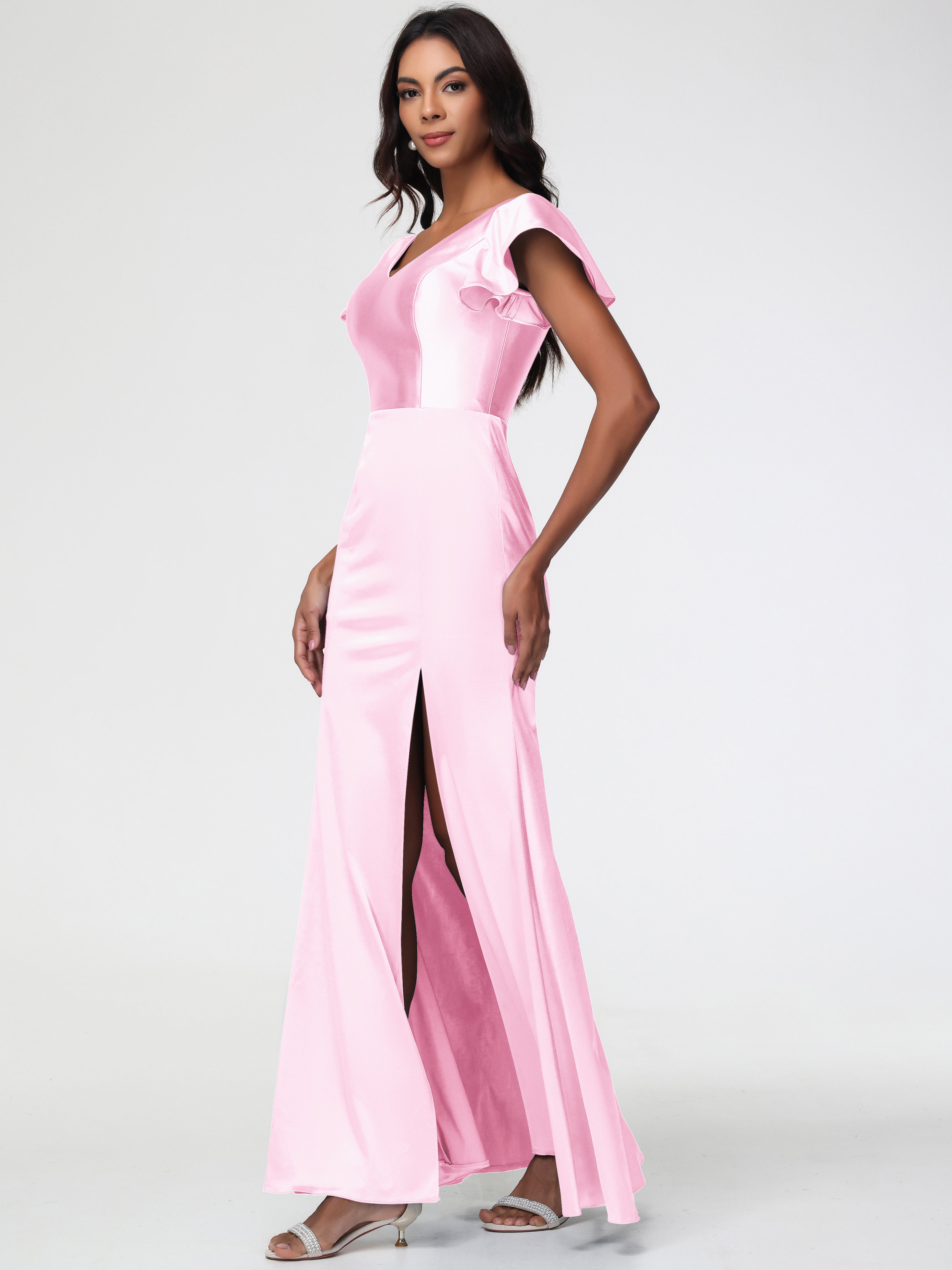 Robes Demoiselle D Honneur Rose Pale Col V Mancherons Satin Extensible Robe Fourreau Demoiselle D Honneur