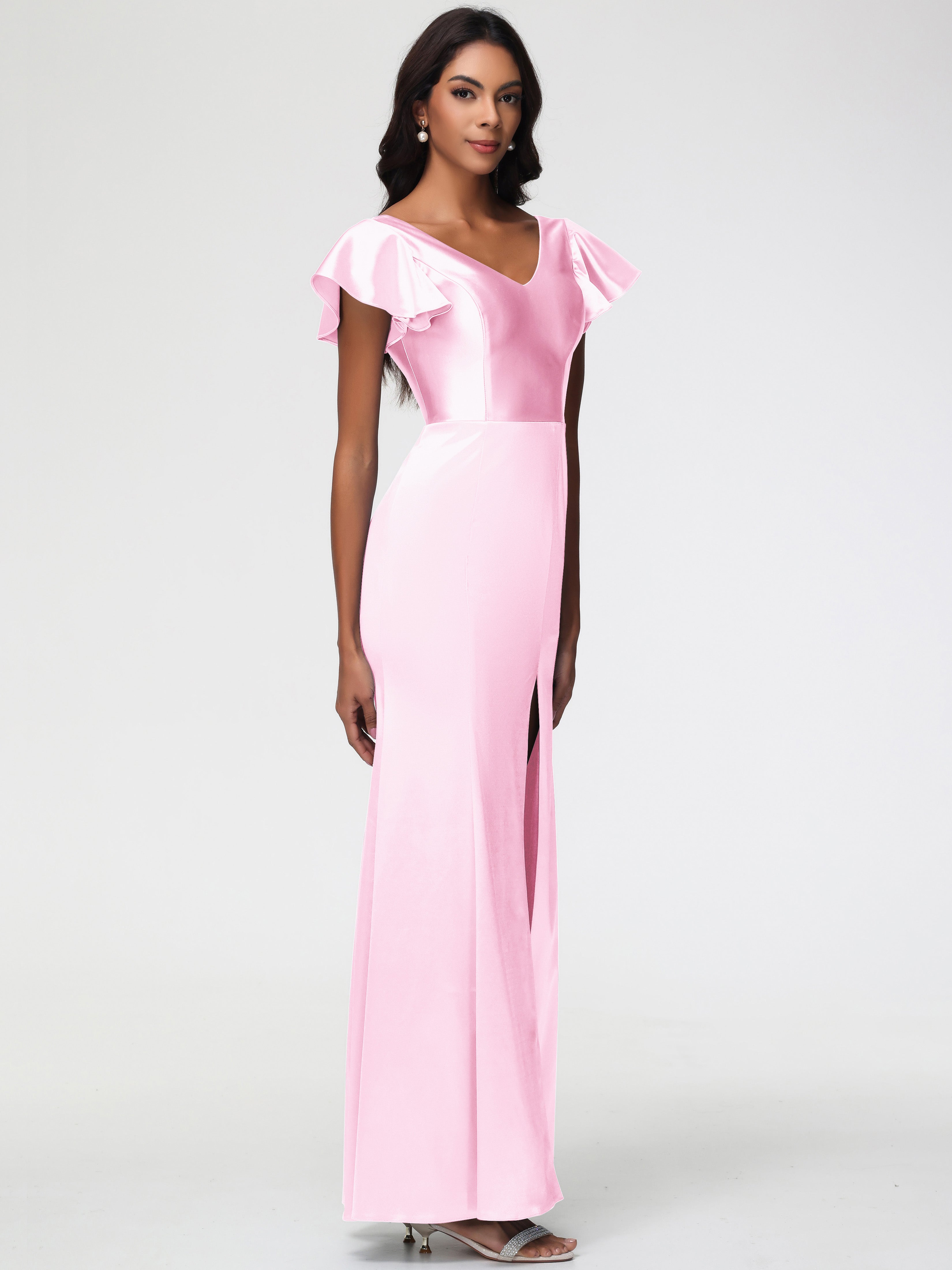 Robes Demoiselle D Honneur Rose Pale Col V Mancherons Satin Extensible Robe Fourreau Demoiselle D Honneur