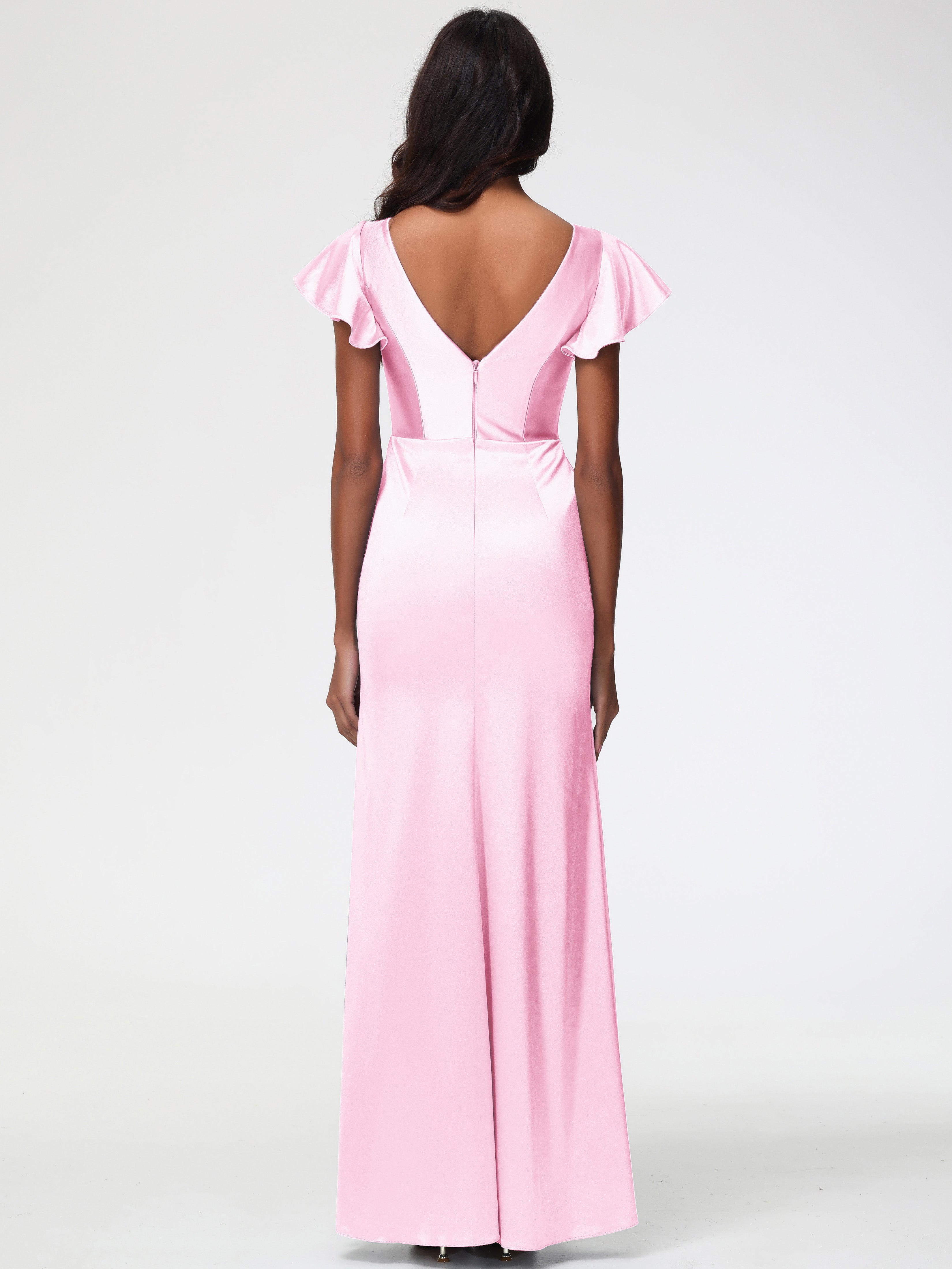 Robes Demoiselle D Honneur Rose Pale Col V Mancherons Satin Extensible Robe Fourreau Demoiselle D Honneur