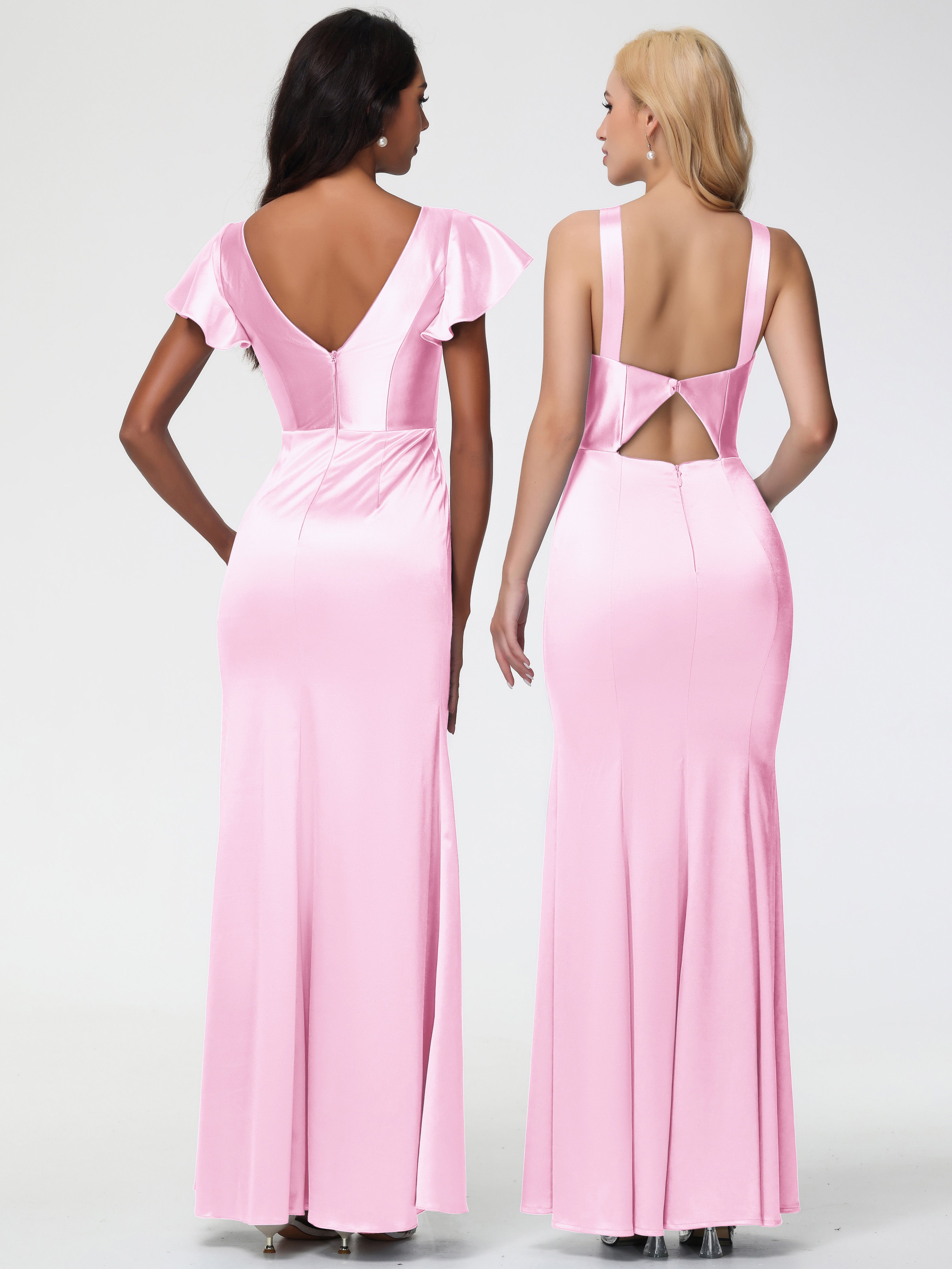 Robes Demoiselle D Honneur Rose Pale Col V Mancherons Satin Extensible Robe Fourreau Demoiselle D Honneur