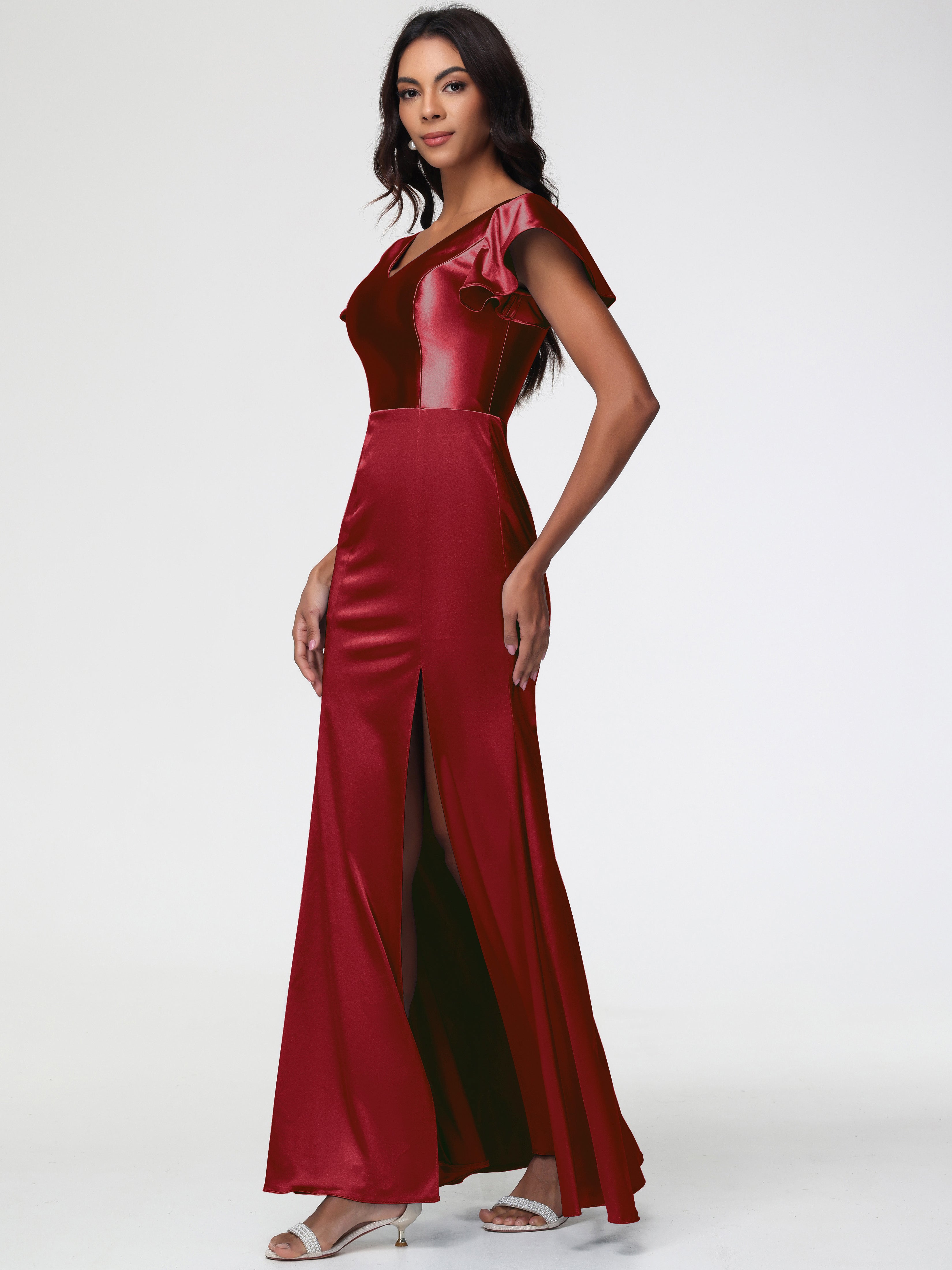 Robe Demoiselle D Honneur Bordeaux Pas Cher Col V Mancherons Satin Extensible Robe Fourreau Demoiselle D Honneur