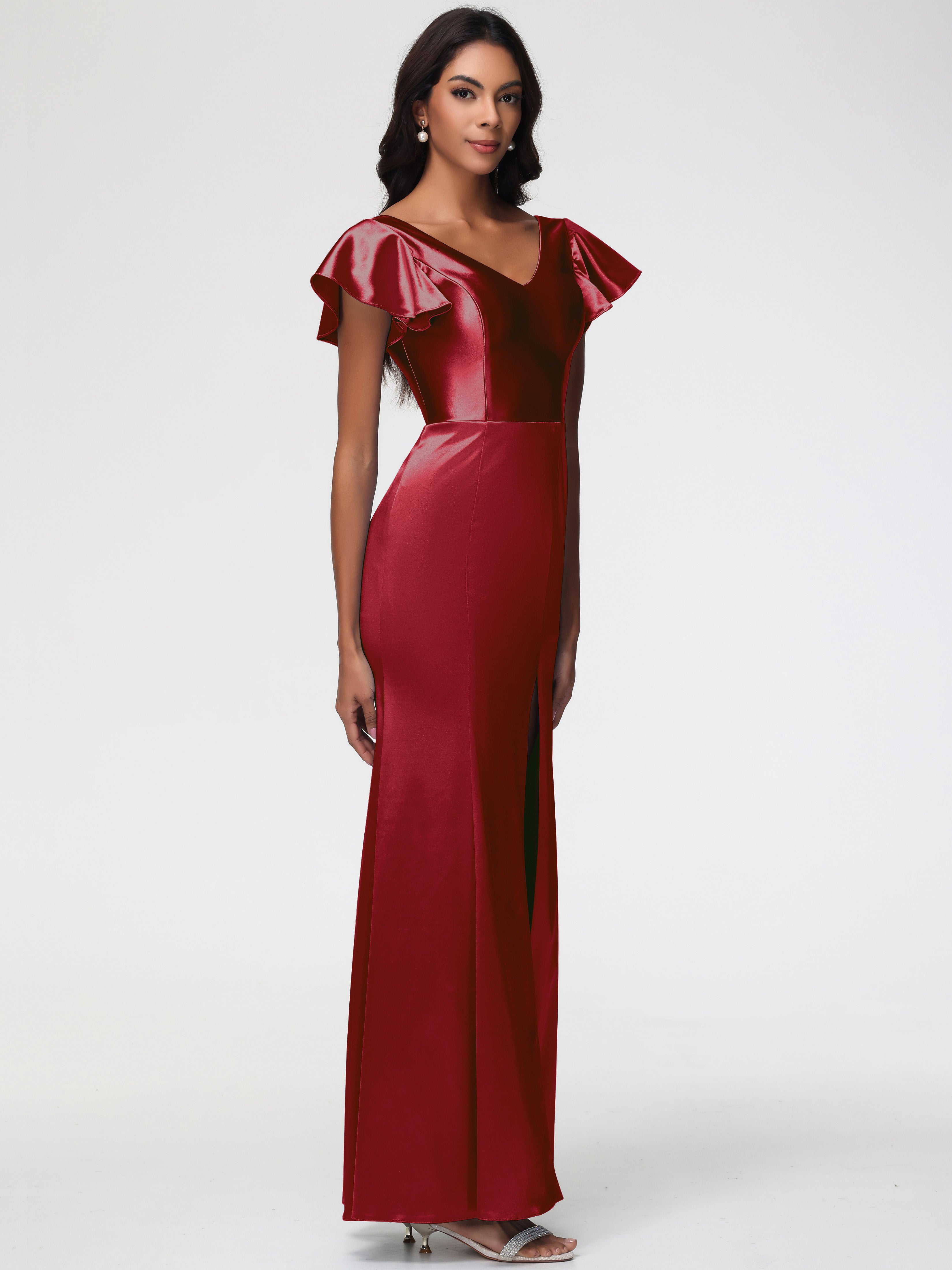 Robe Demoiselle D Honneur Bordeaux Pas Cher Col V Mancherons Satin Extensible Robe Fourreau Demoiselle D Honneur