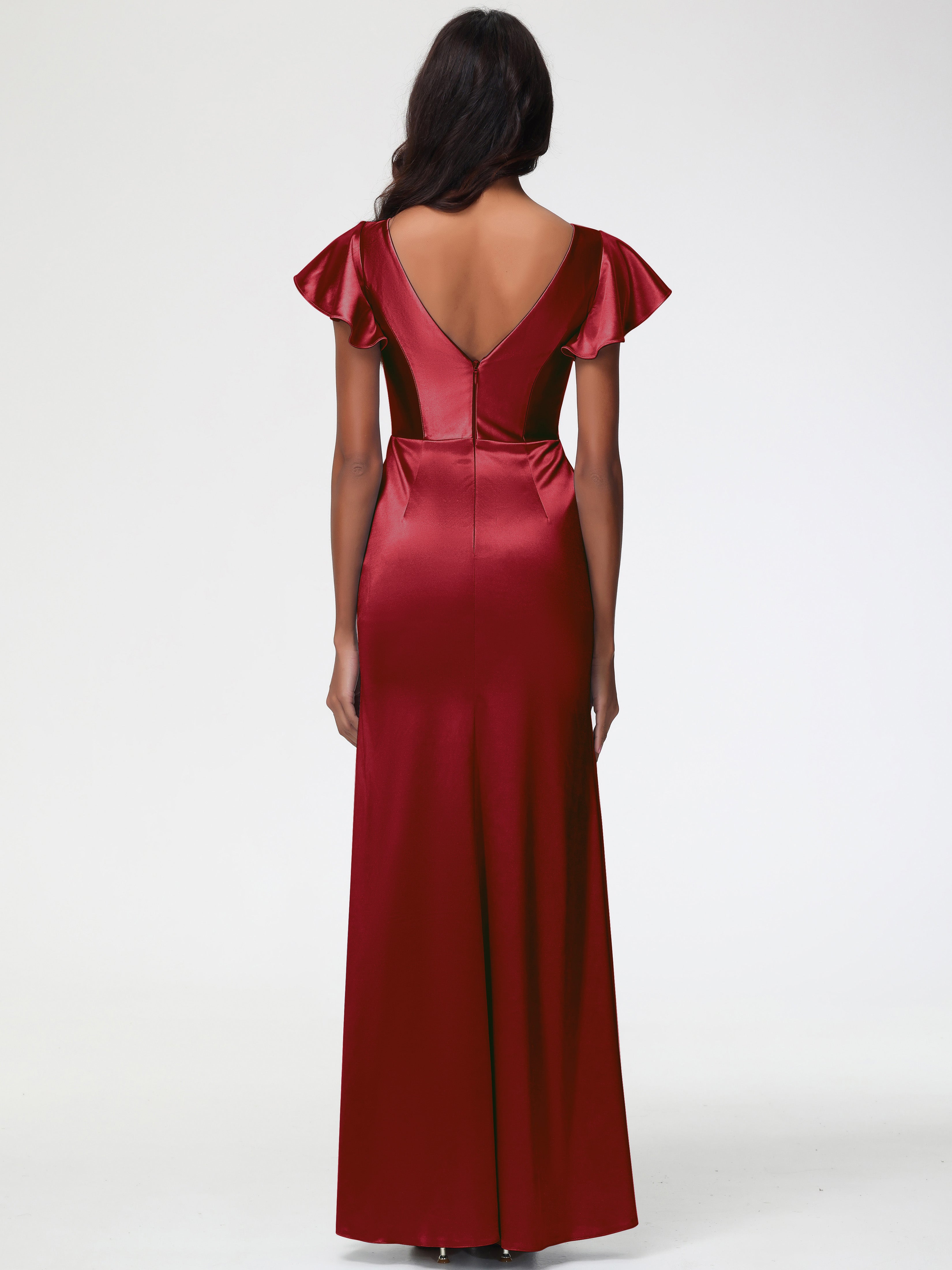 Robe Demoiselle D Honneur Bordeaux Pas Cher Col V Mancherons Satin Extensible Robe Fourreau Demoiselle D Honneur