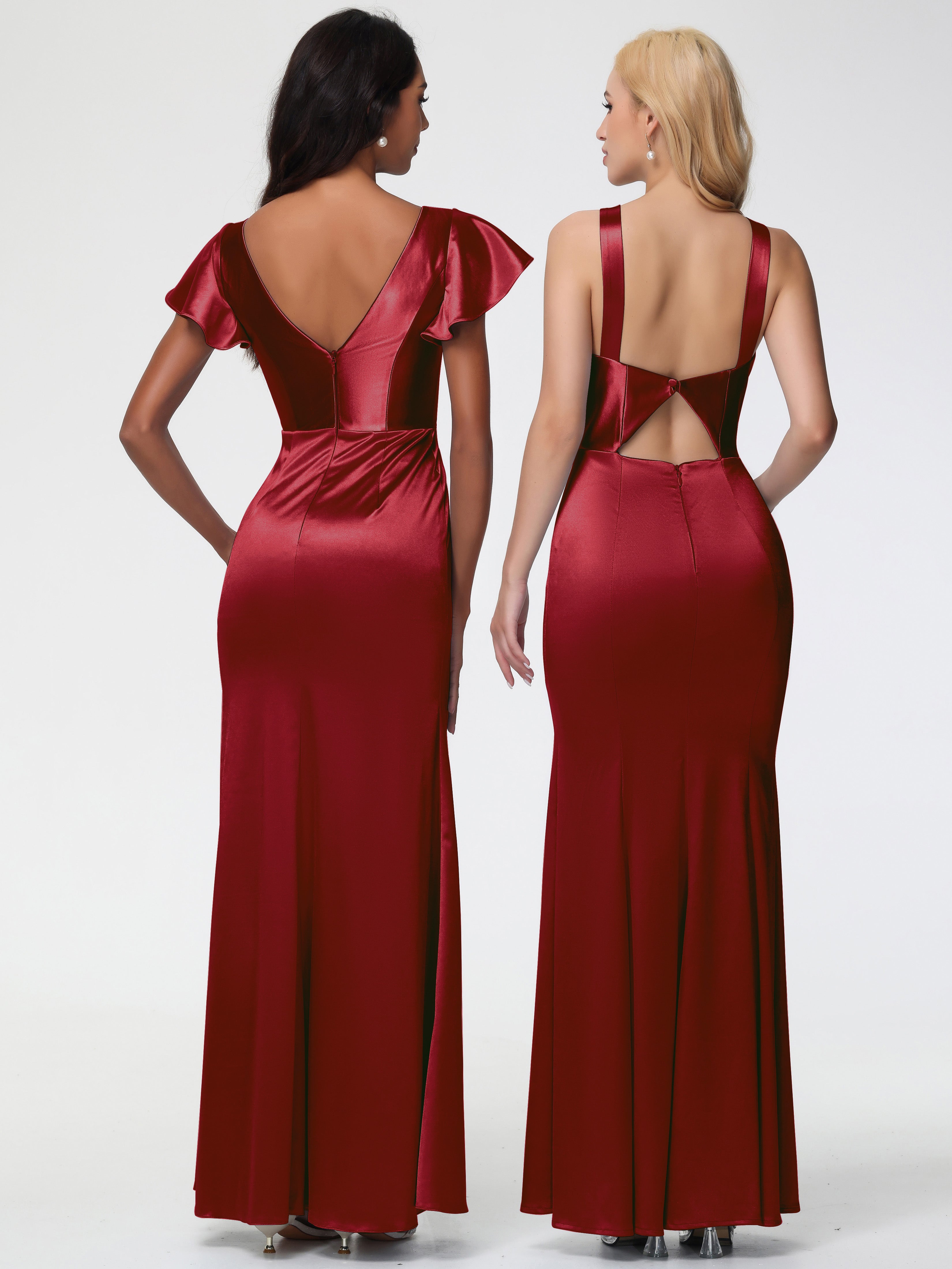 Robe Demoiselle D Honneur Bordeaux Pas Cher Col V Mancherons Satin Extensible Robe Fourreau Demoiselle D Honneur