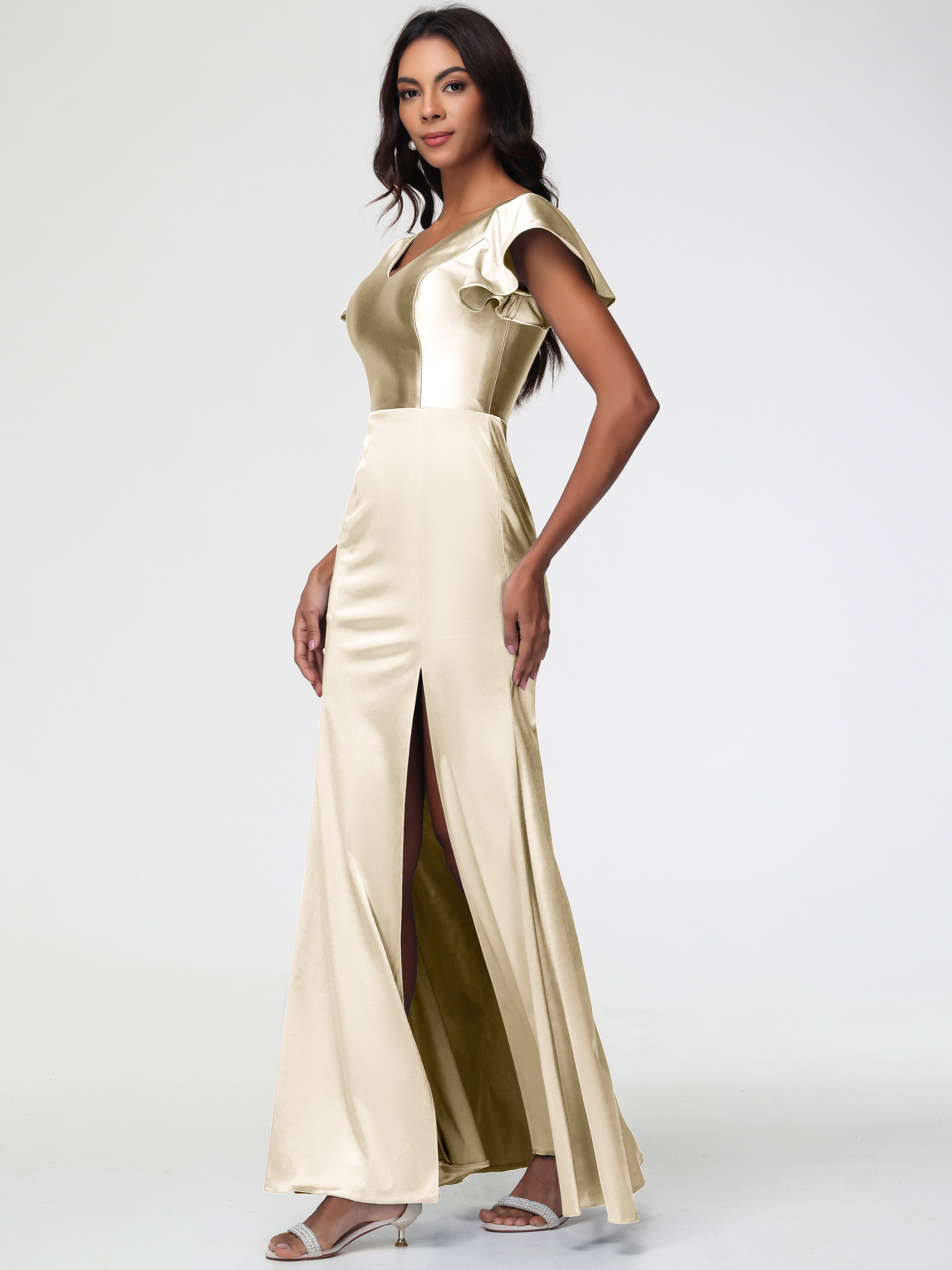 Robe Demoiselle Dhonneur Champagne Col V Mancherons Satin Extensible Robe Fourreau Demoiselle D Honneur