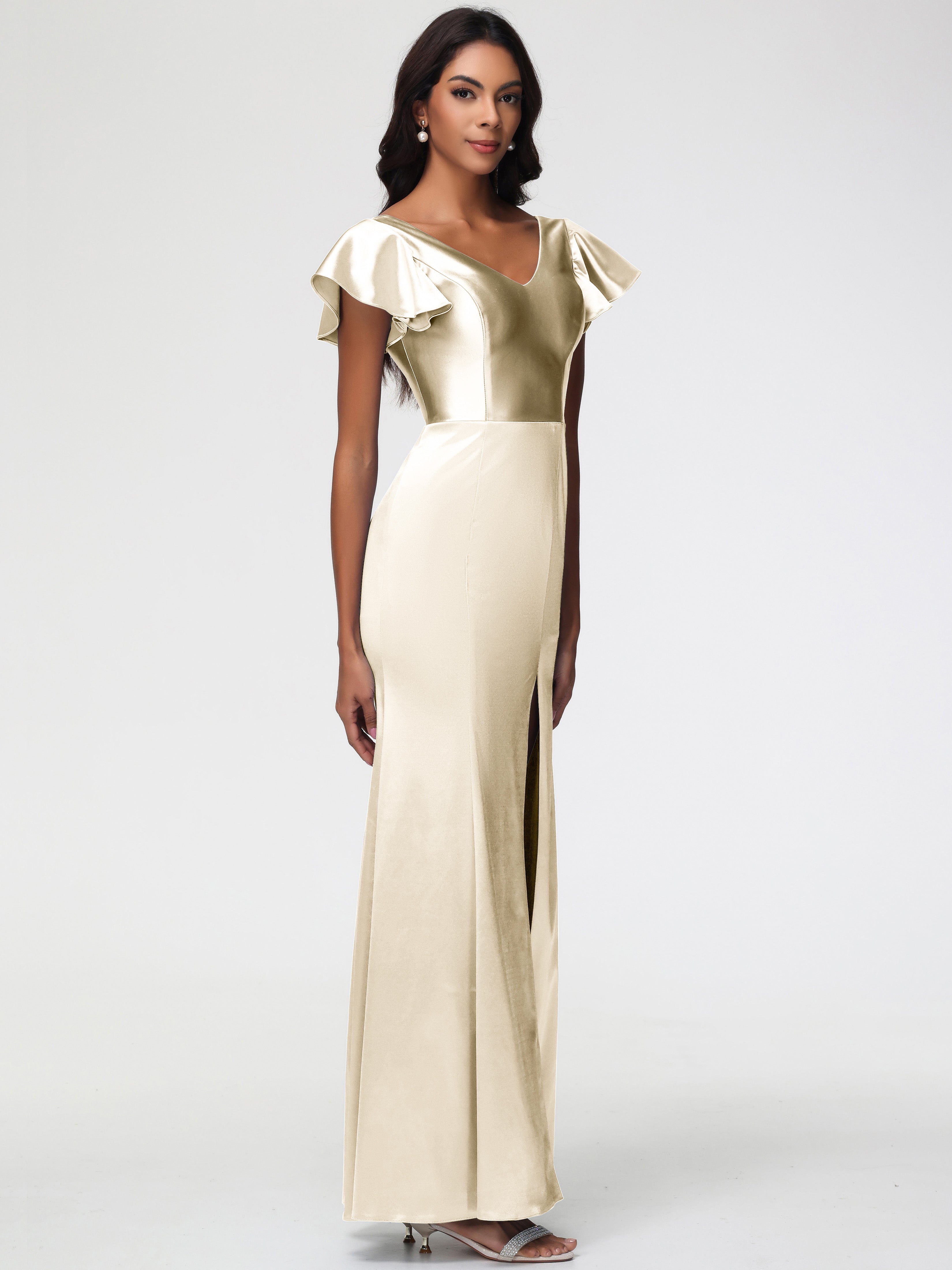 Robe Demoiselle Dhonneur Champagne Col V Mancherons Satin Extensible Robe Fourreau Demoiselle D Honneur