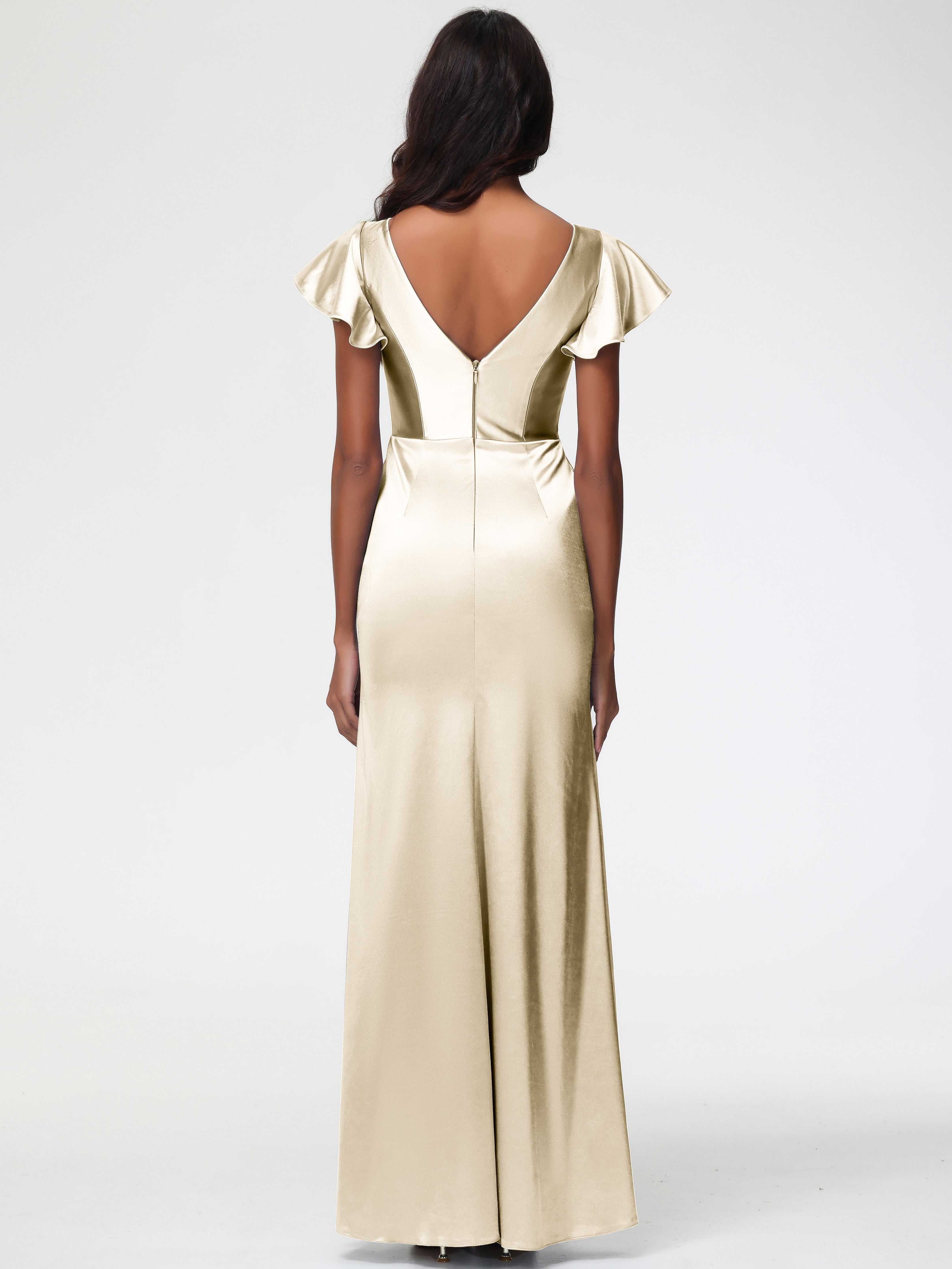 Robe Demoiselle Dhonneur Champagne Col V Mancherons Satin Extensible Robe Fourreau Demoiselle D Honneur