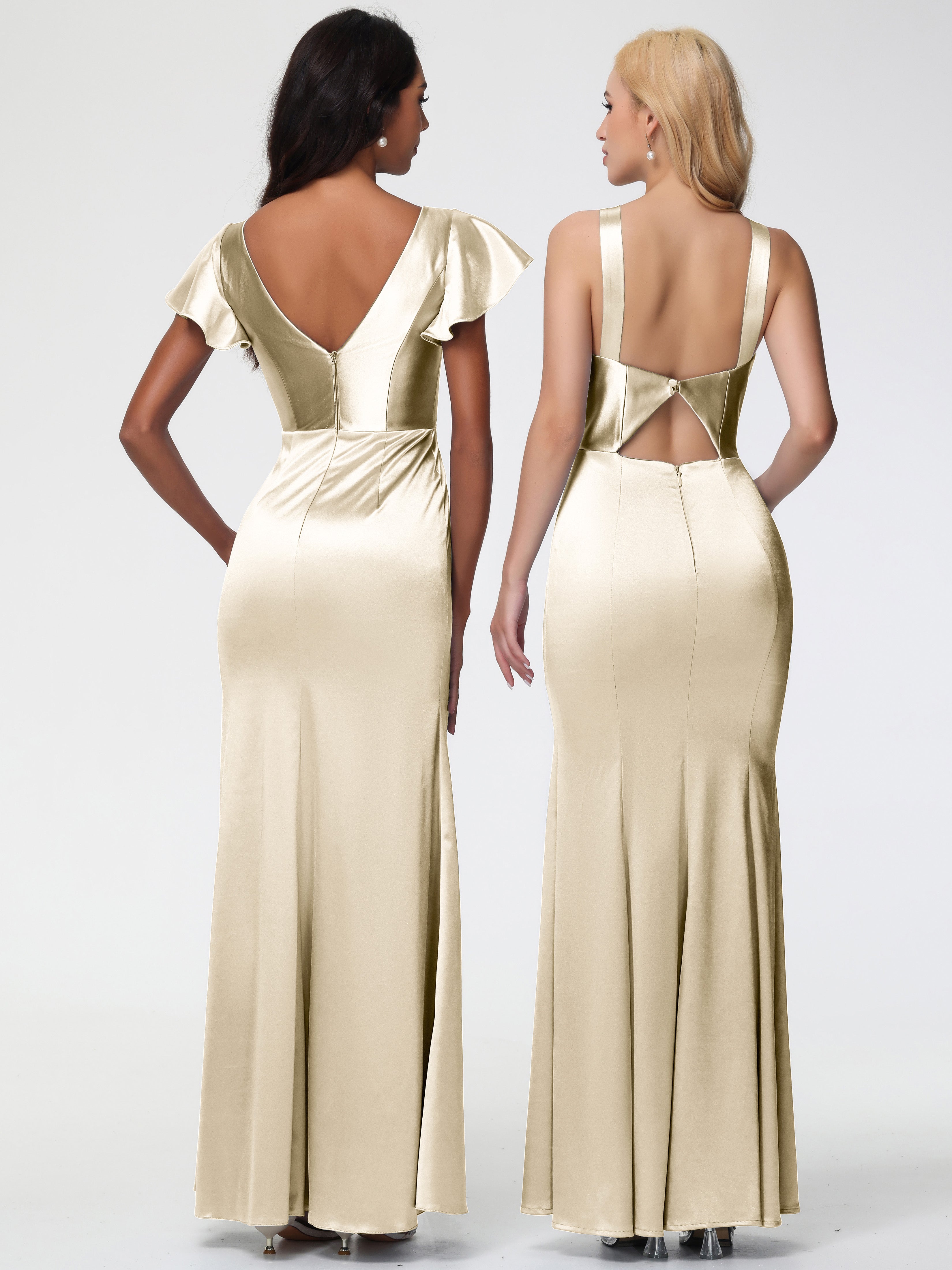 Robe Demoiselle Dhonneur Champagne Col V Mancherons Satin Extensible Robe Fourreau Demoiselle D Honneur