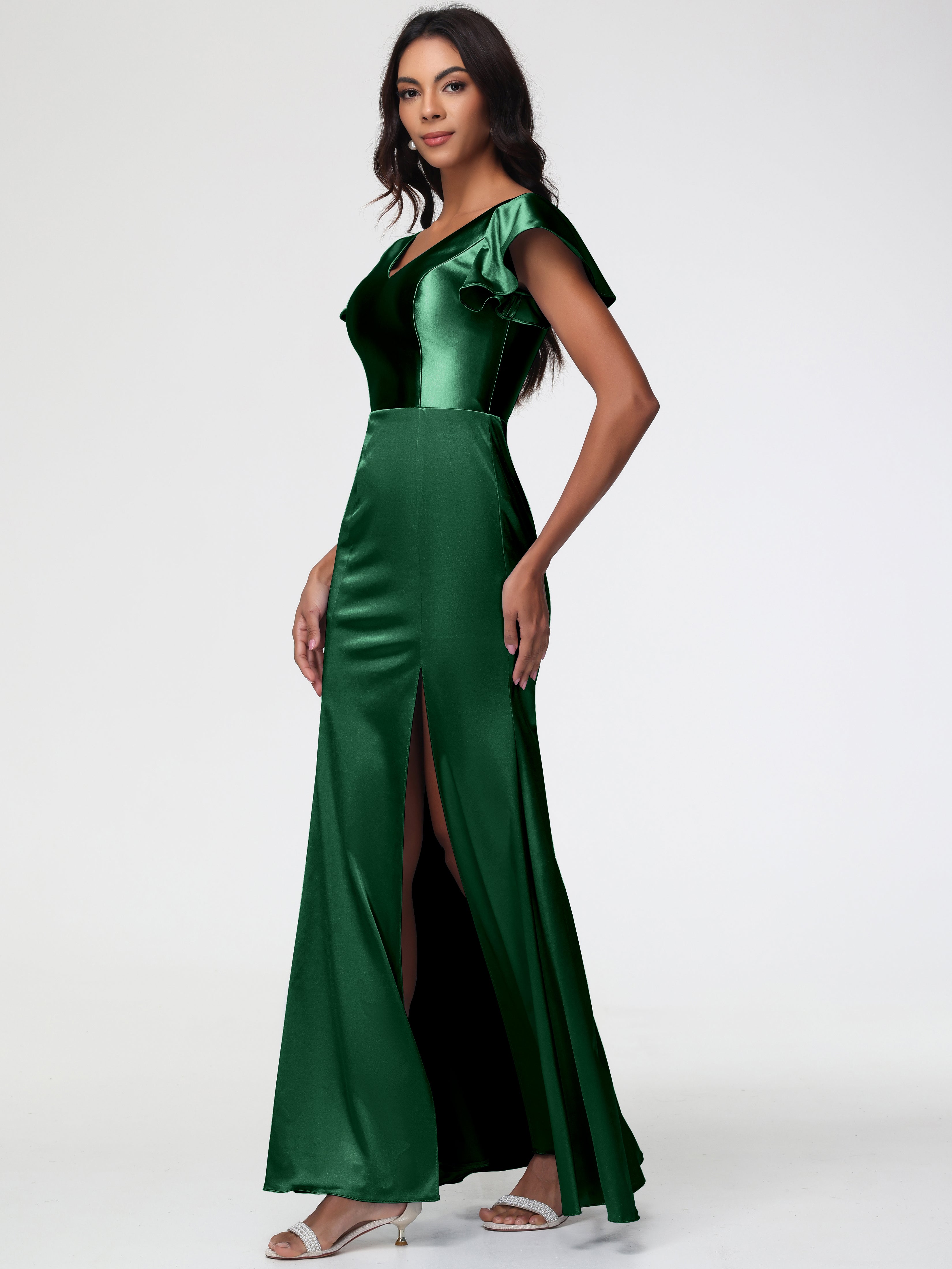 Robe Demoiselle D Honneur Vert Fonce Col V Mancherons Satin Extensible Robe Fourreau Demoiselle D Honneur