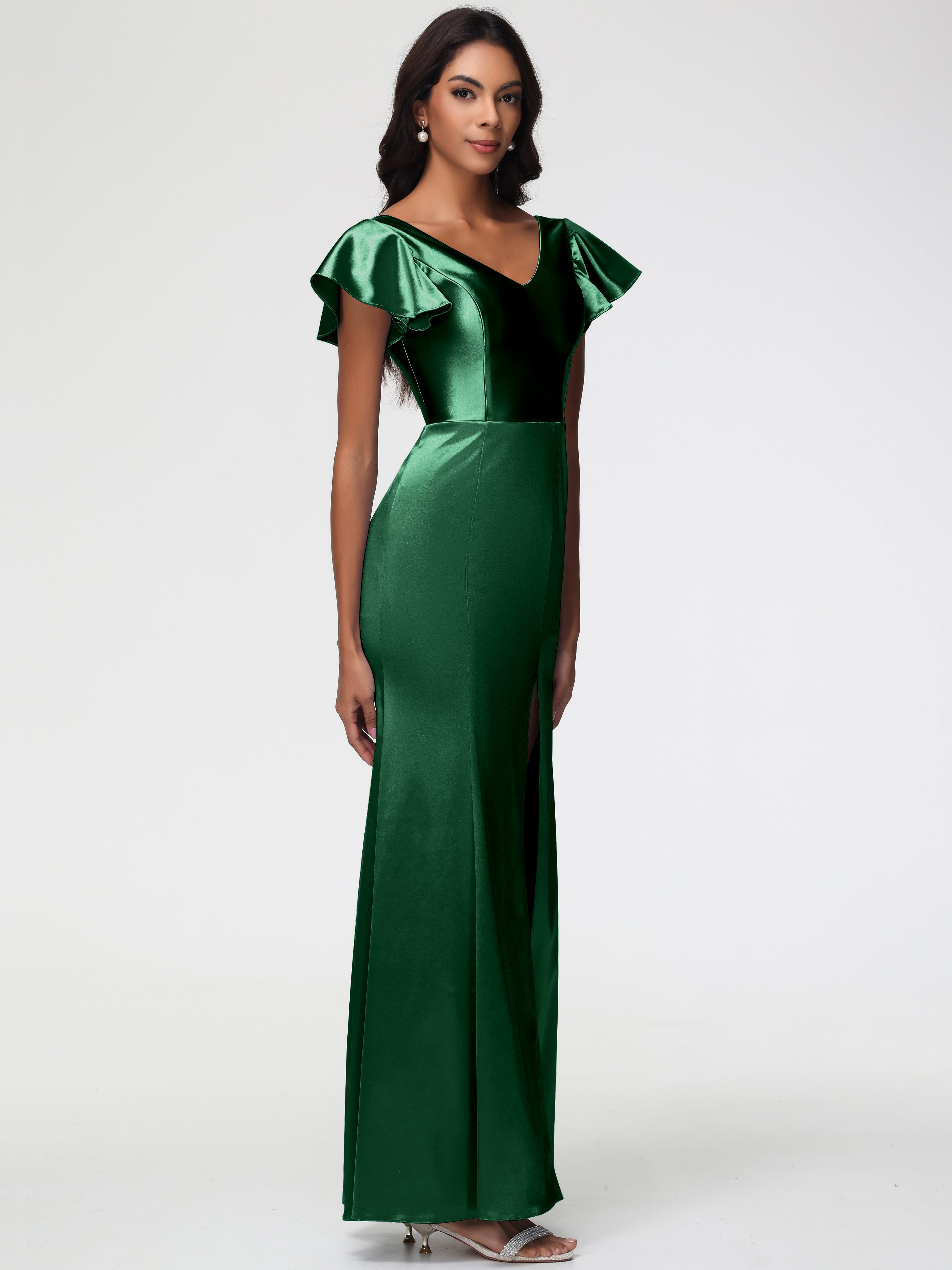 Robe Demoiselle D Honneur Vert Fonce Col V Mancherons Satin Extensible Robe Fourreau Demoiselle D Honneur