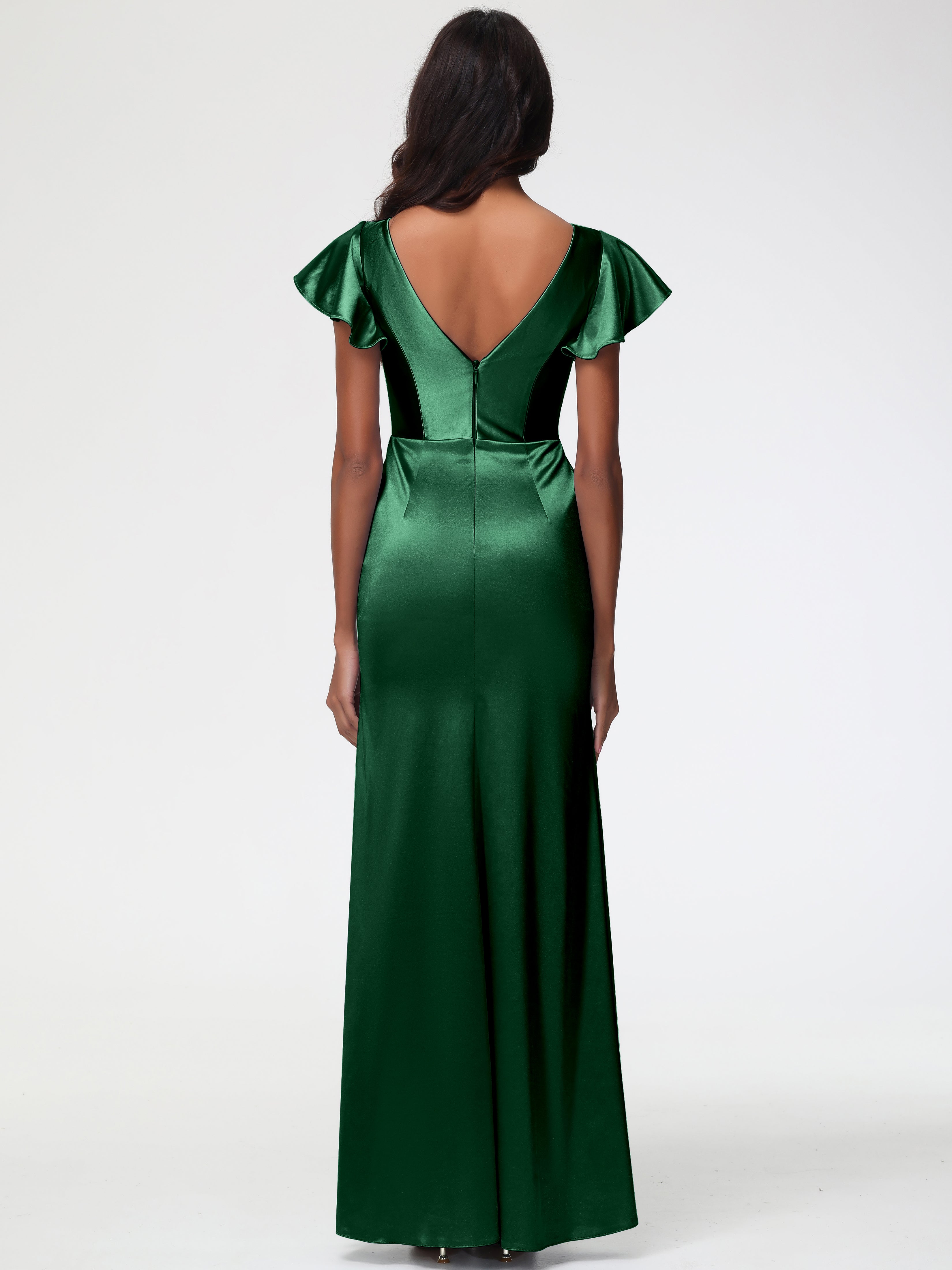 Robe Demoiselle D Honneur Vert Fonce Col V Mancherons Satin Extensible Robe Fourreau Demoiselle D Honneur