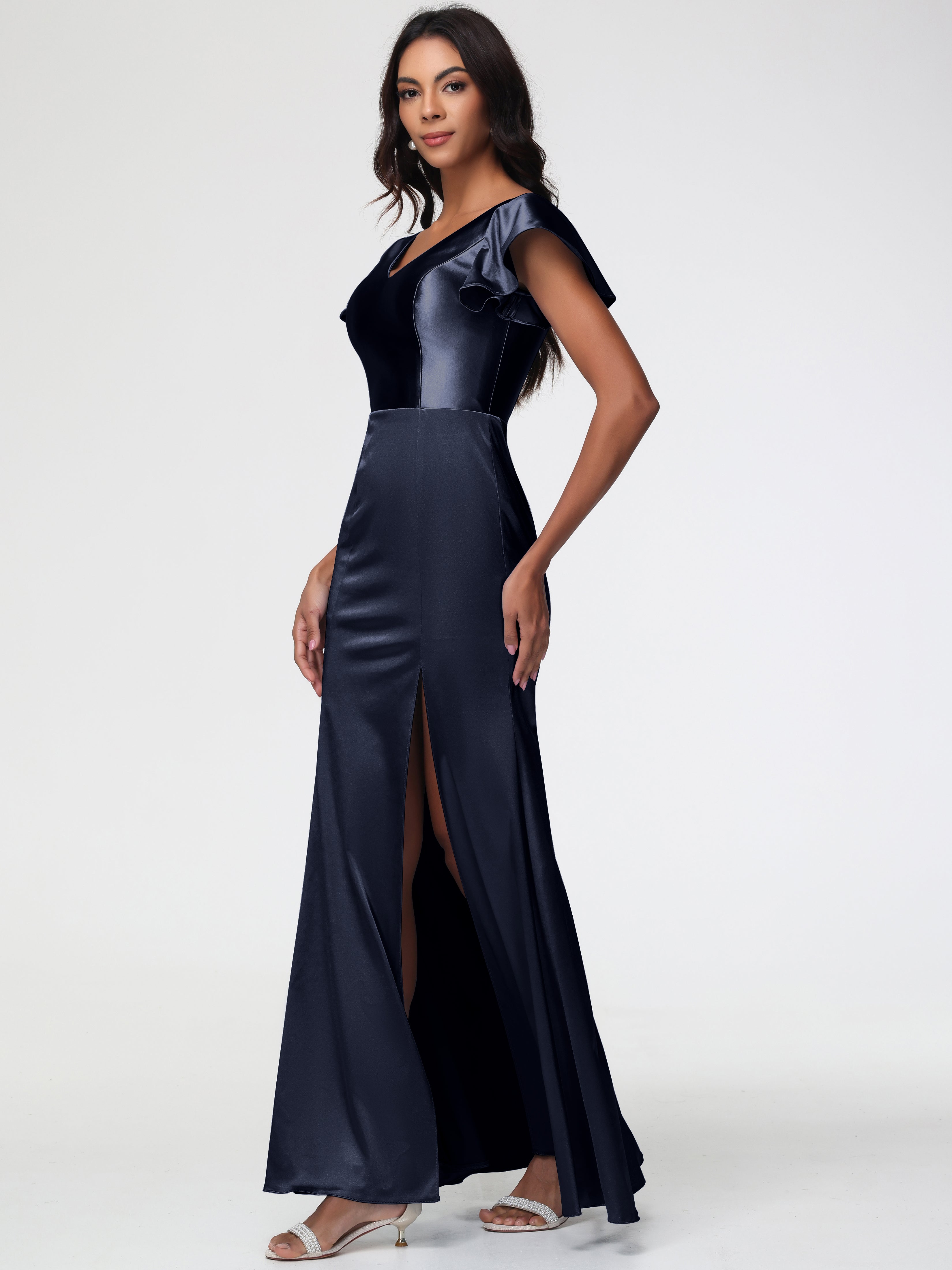 Demoiselle D Honneur Bleu Marine Col V Mancherons Satin Extensible Robe Fourreau Demoiselle D Honneur