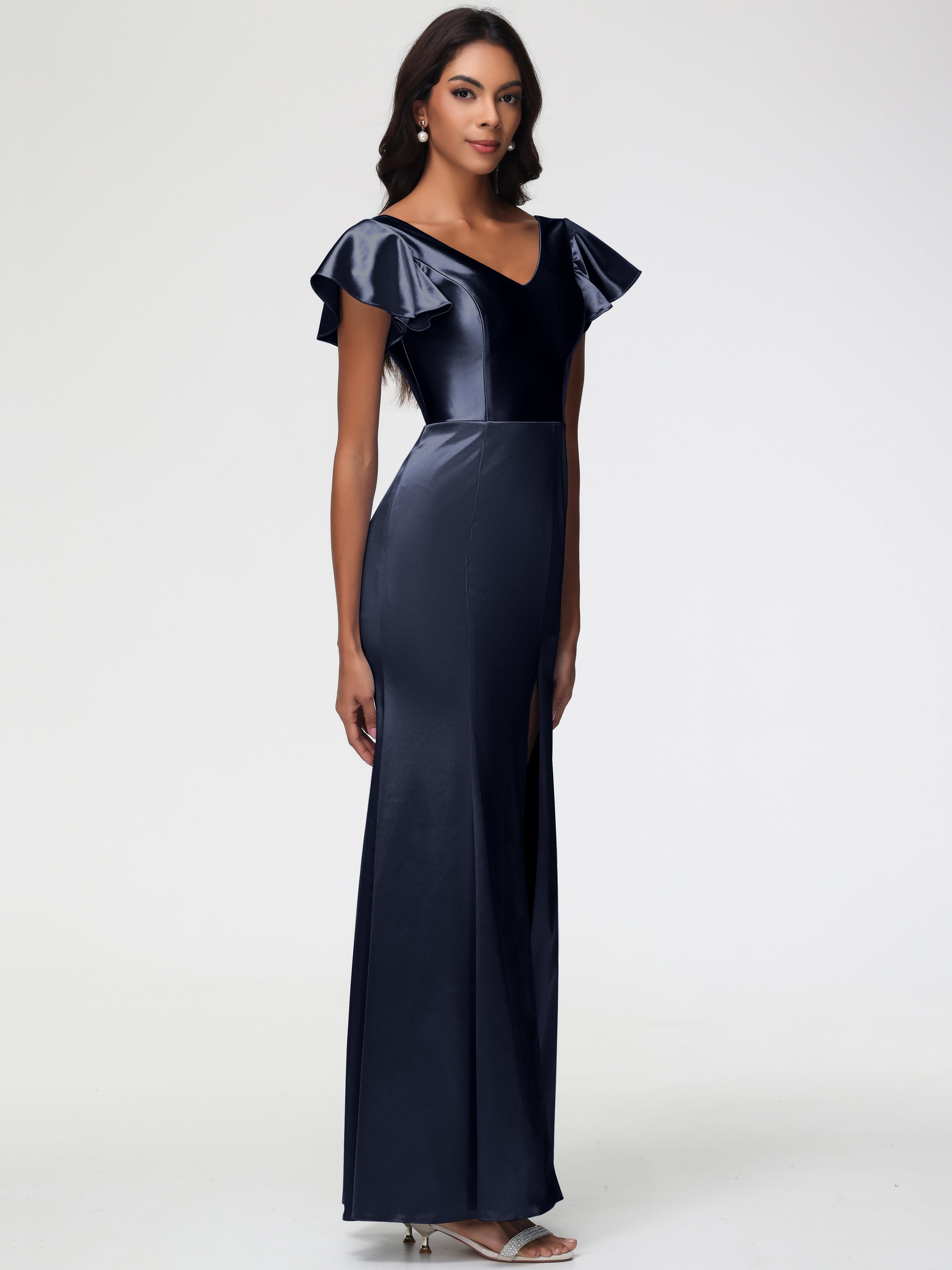 Demoiselle D Honneur Bleu Marine Col V Mancherons Satin Extensible Robe Fourreau Demoiselle D Honneur