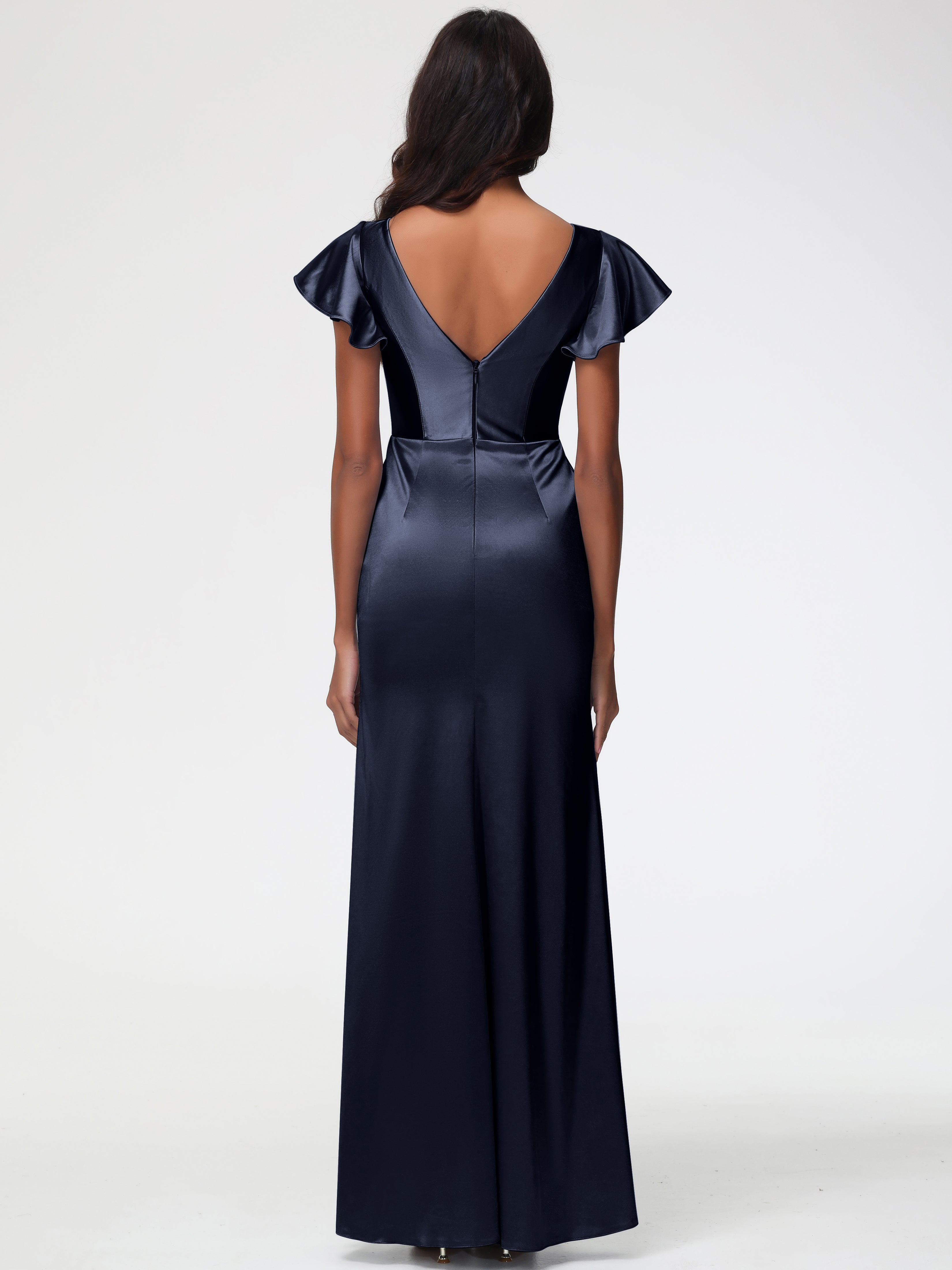 Demoiselle D Honneur Bleu Marine Col V Mancherons Satin Extensible Robe Fourreau Demoiselle D Honneur