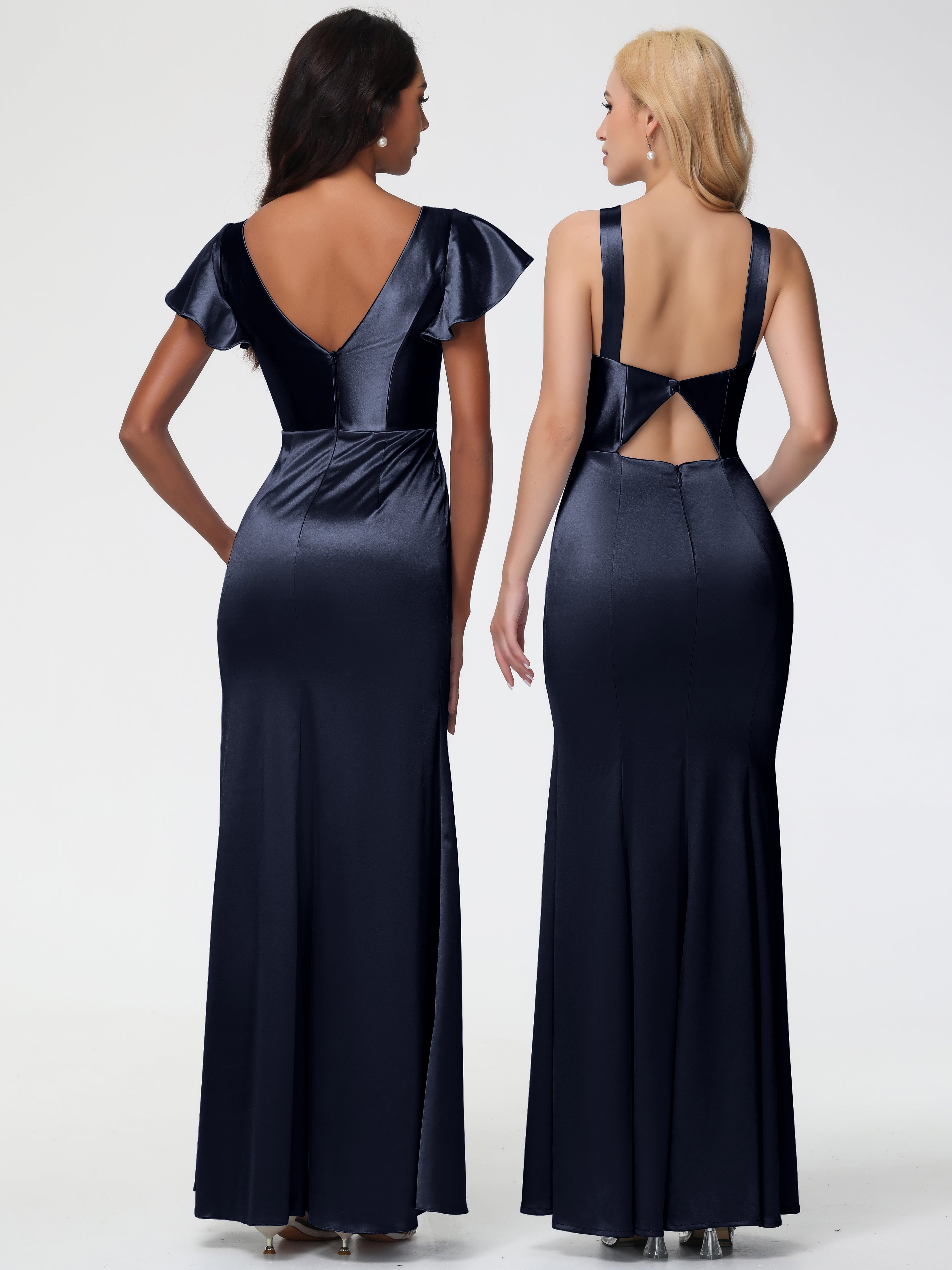 Demoiselle D Honneur Bleu Marine Col V Mancherons Satin Extensible Robe Fourreau Demoiselle D Honneur