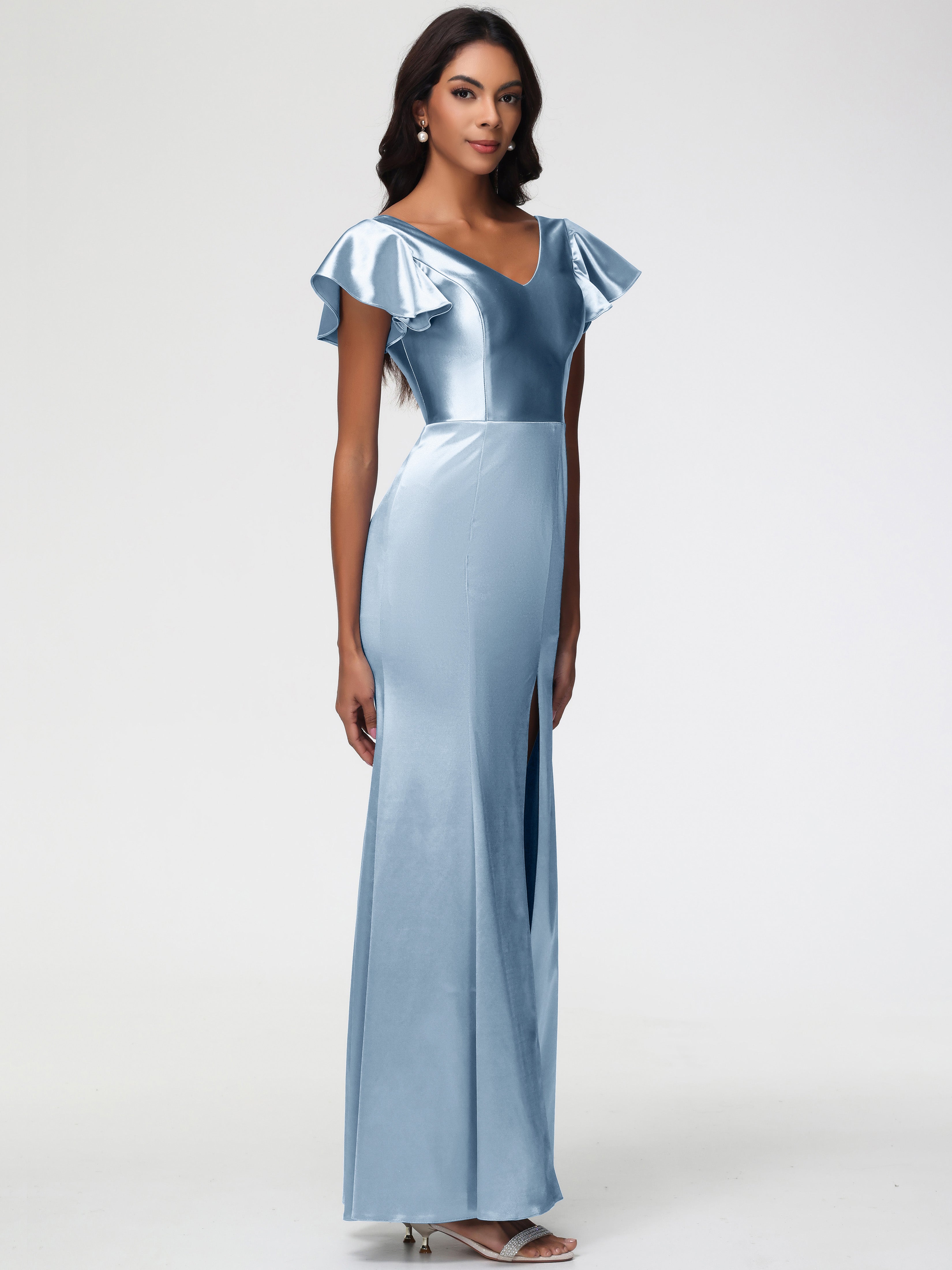 Robes De Demoiselle D'Honneur Bleu Poussiéreux Col V Mancherons Satin Extensible Robe Fourreau Demoiselle D Honneur