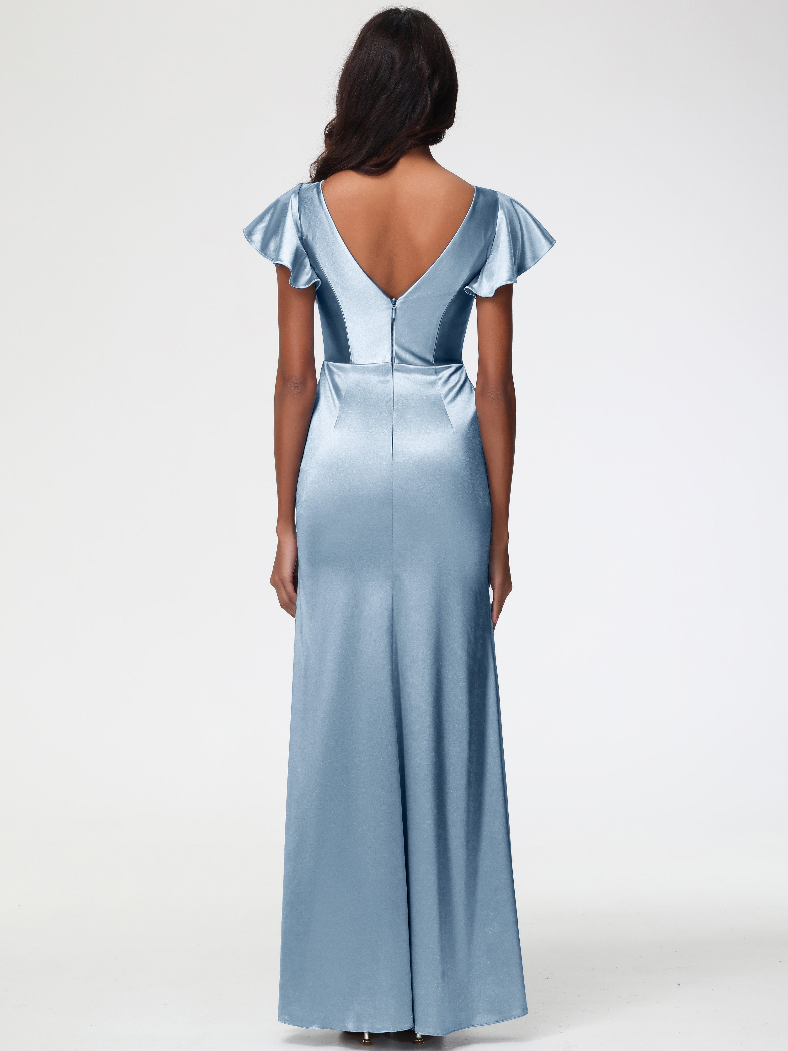Robes De Demoiselle D'Honneur Bleu Poussiéreux Col V Mancherons Satin Extensible Robe Fourreau Demoiselle D Honneur