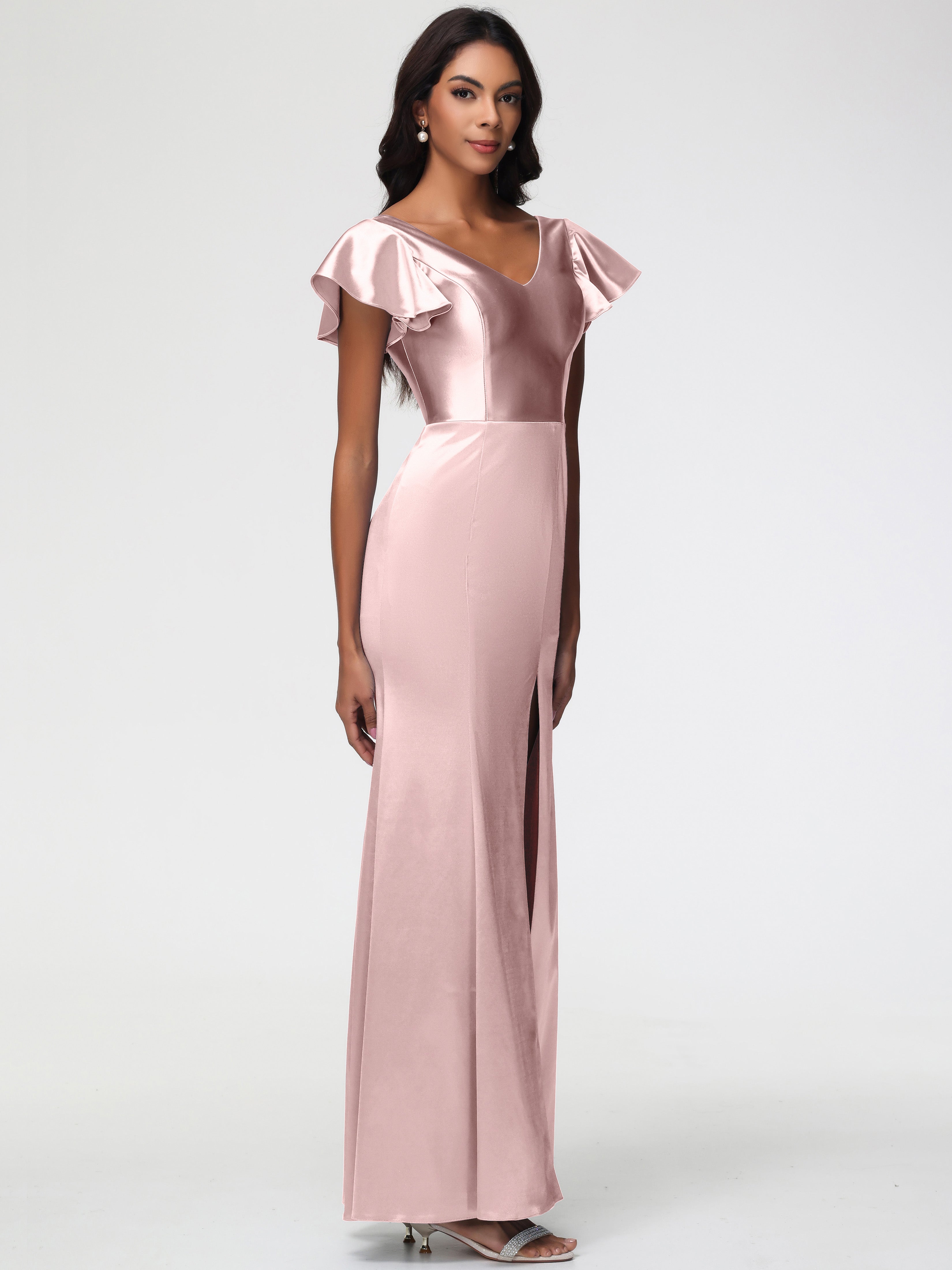 Robe Demoiselle D Honneur Rose Poudree Col V Mancherons Satin Extensible Robe Fourreau Demoiselle D Honneur