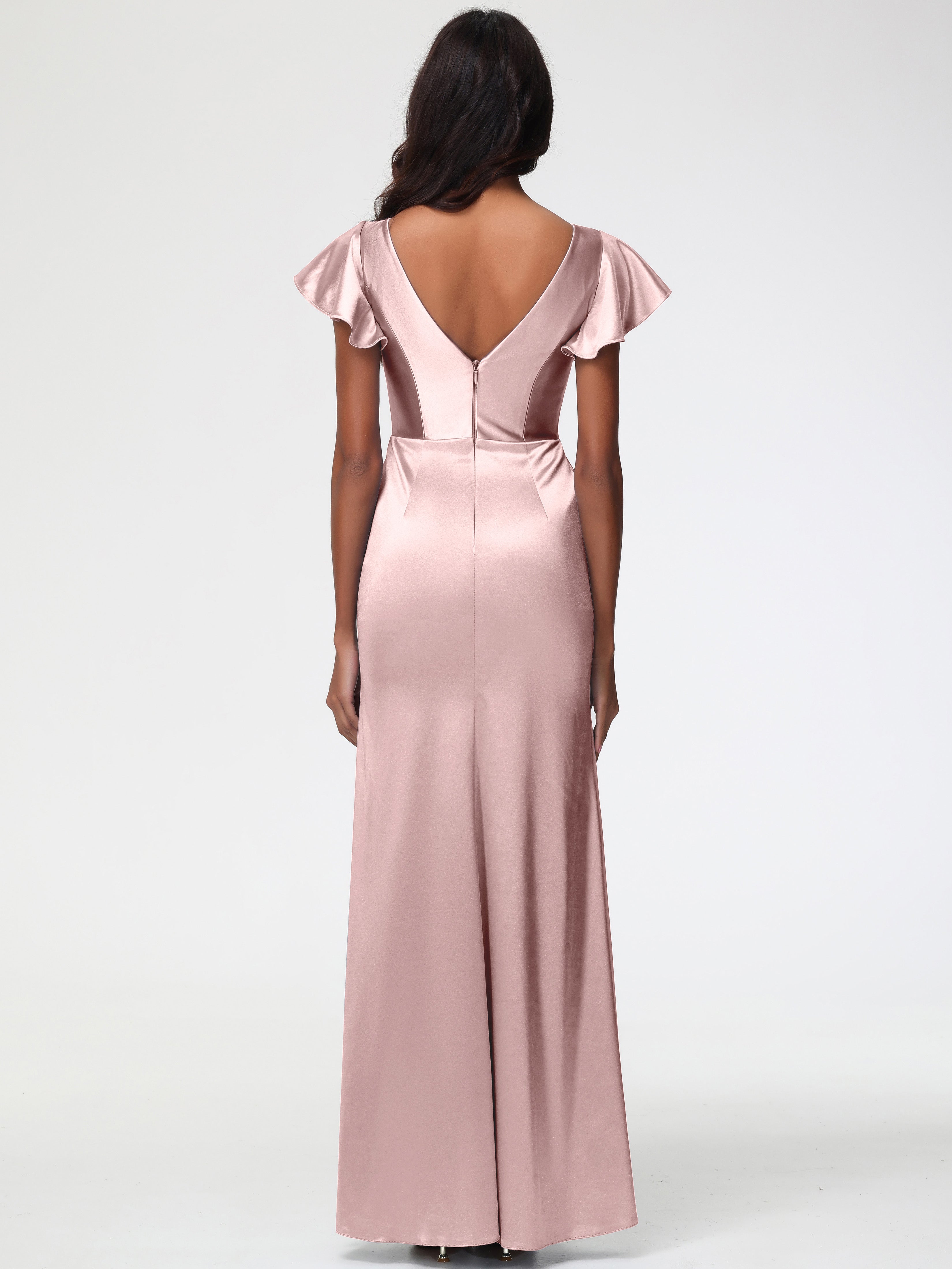Robe Demoiselle D Honneur Rose Poudree Col V Mancherons Satin Extensible Robe Fourreau Demoiselle D Honneur