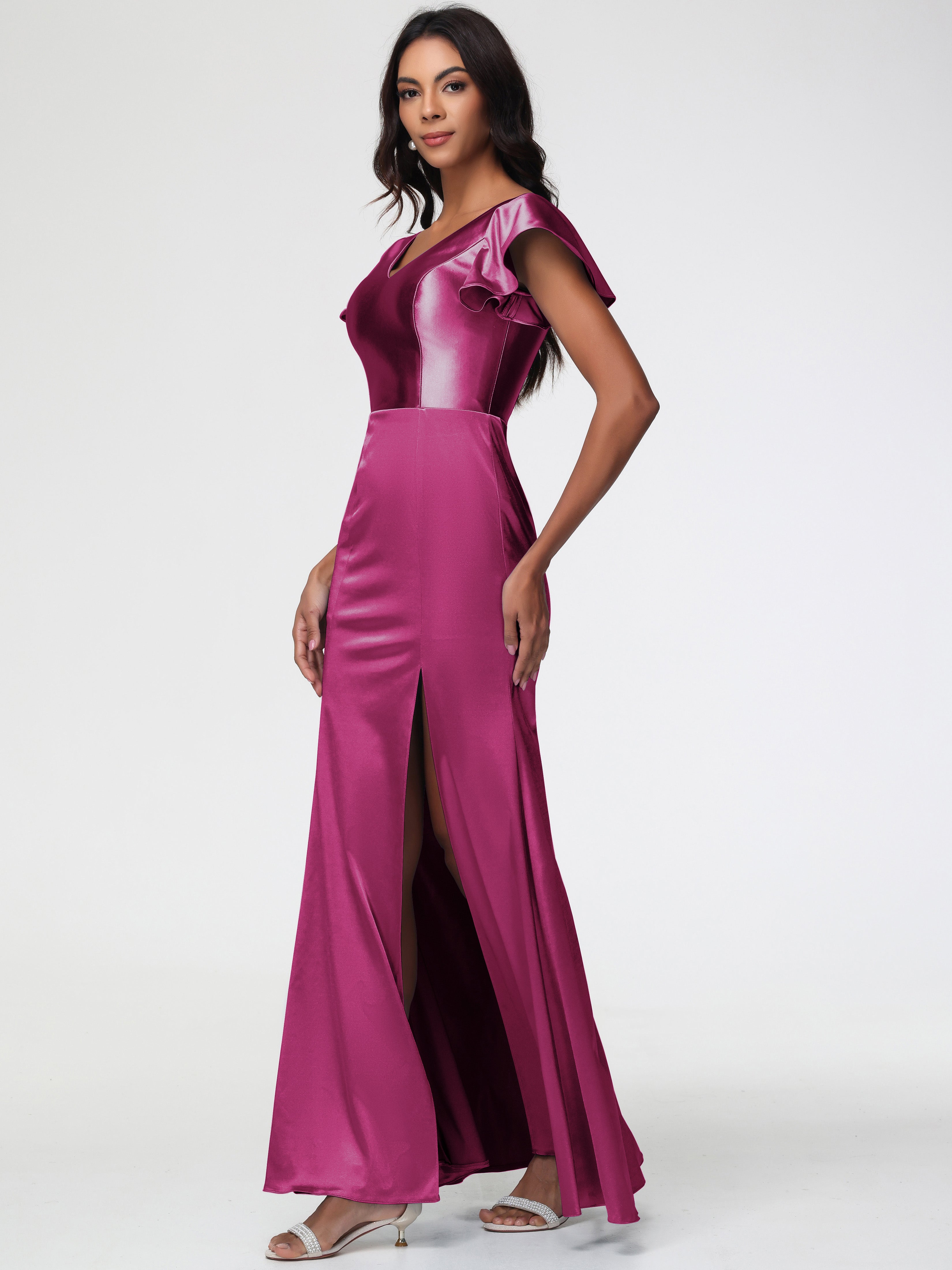Robes De Demoiselle D'Honneur Couleur Rose Fuchsia Col V Mancherons Satin Extensible Robe Fourreau Demoiselle D Honneur