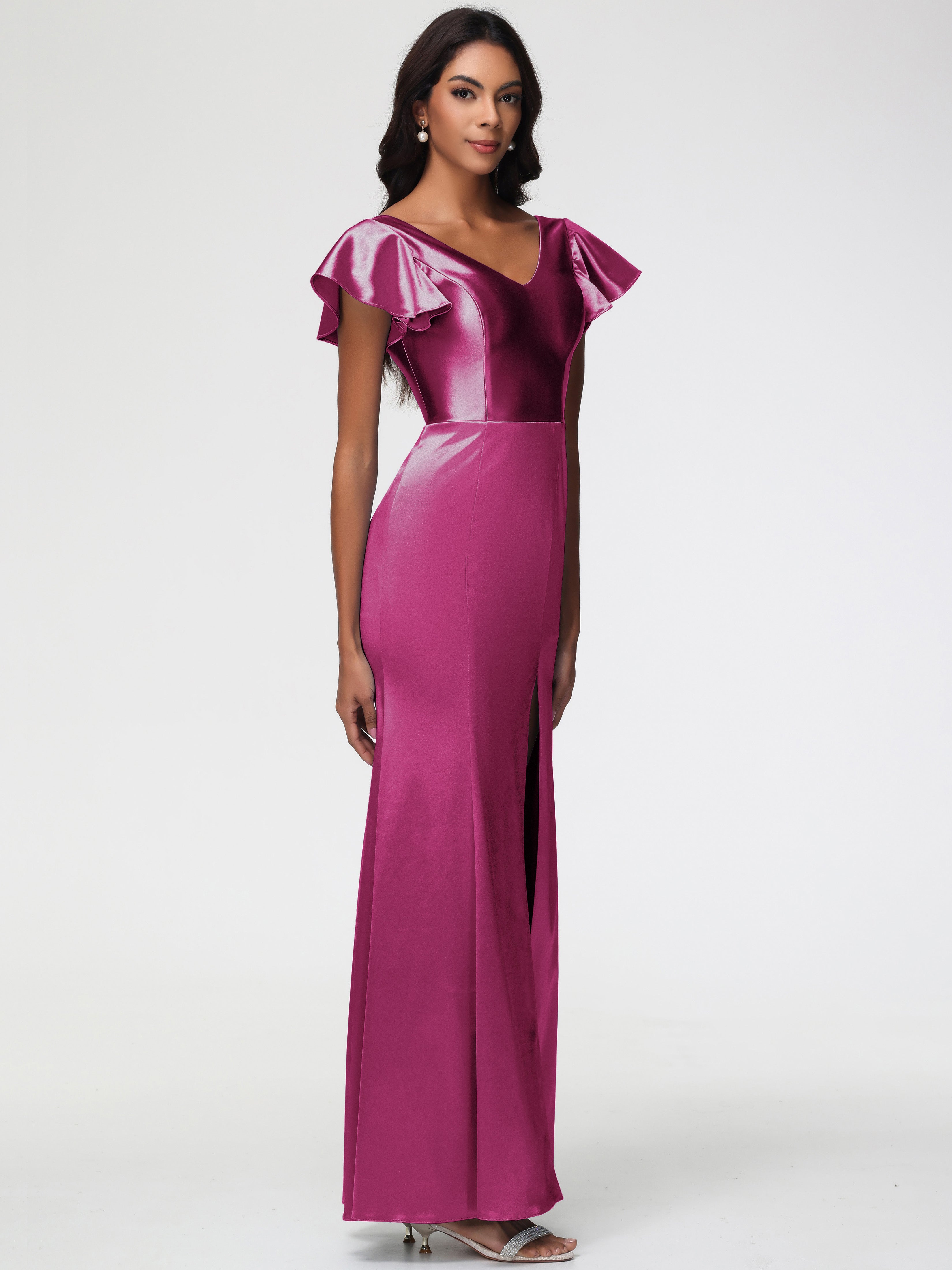 Robes De Demoiselle D'Honneur Couleur Rose Fuchsia Col V Mancherons Satin Extensible Robe Fourreau Demoiselle D Honneur
